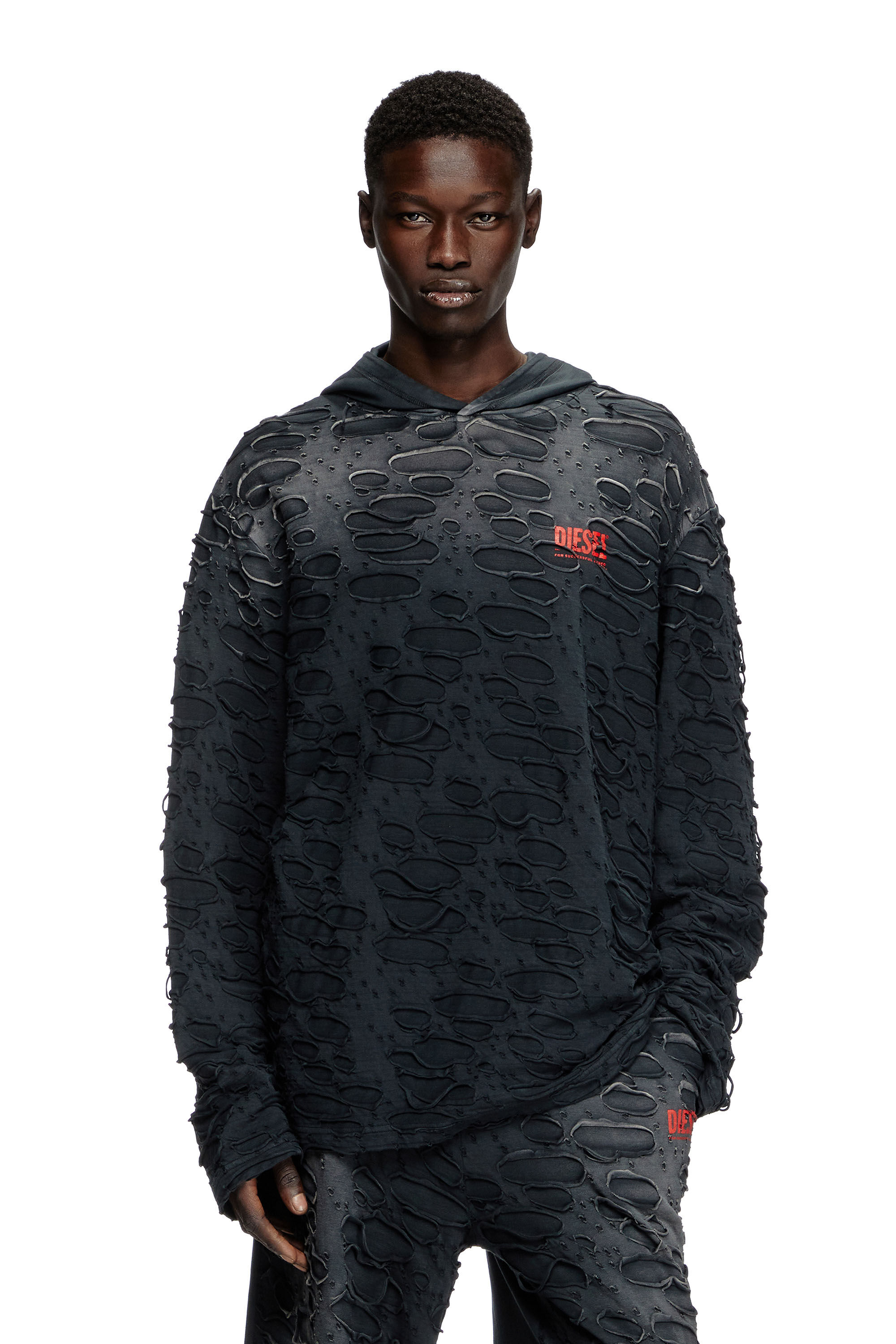 Men's Hooded long-sleeve T-shirt with holes | Black | Diesel