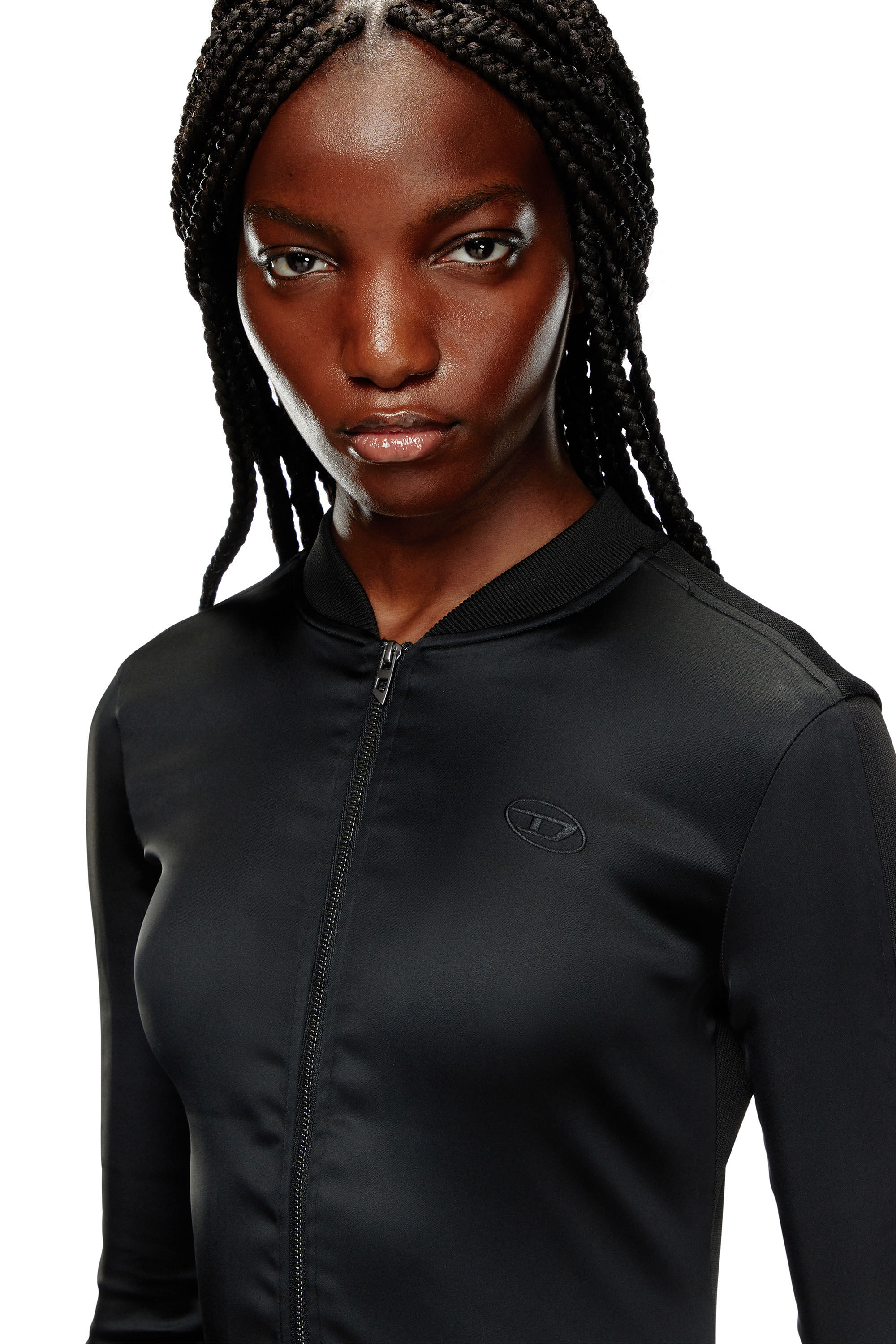 DIESEL>>G-Oper リブニット ストレッチ サテン ジャケット Women's Rib-knit and stretch satin jacket | Black | Diesel