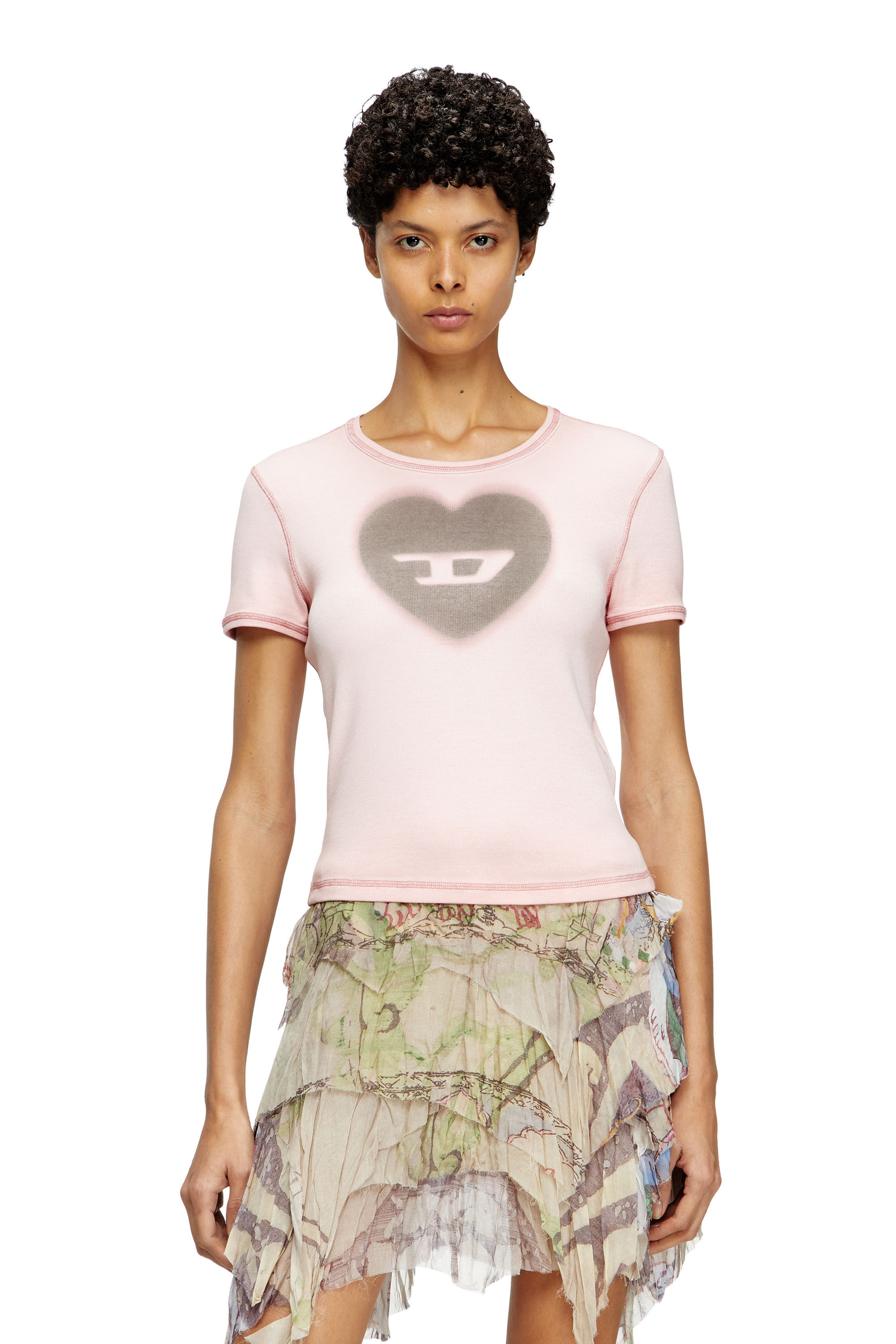 Women's Ribbed T-shirt with watercolour heart D | Pink | Diesel