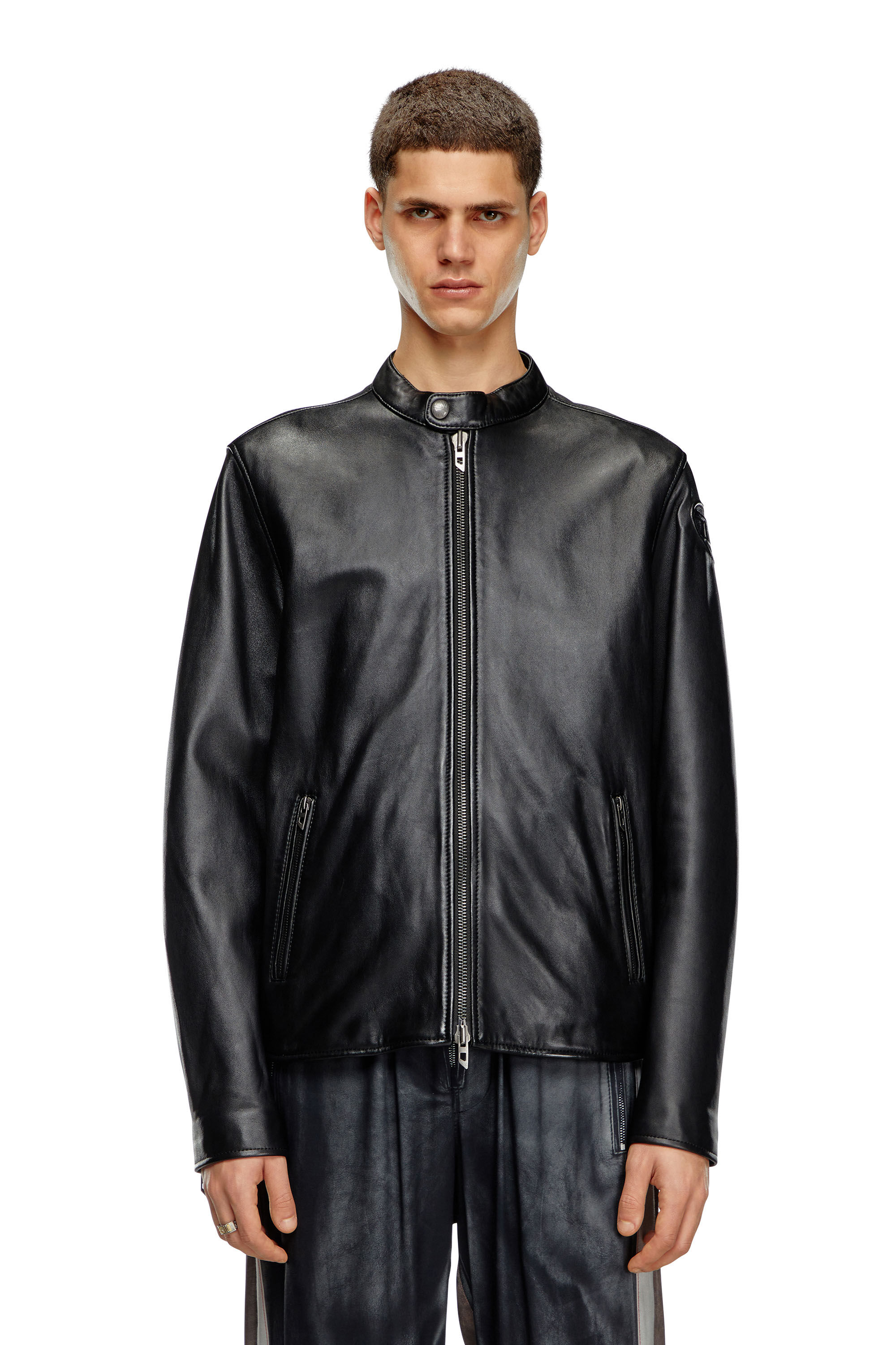 Men's Leather biker jacket with embossed logo | Black | Diesel