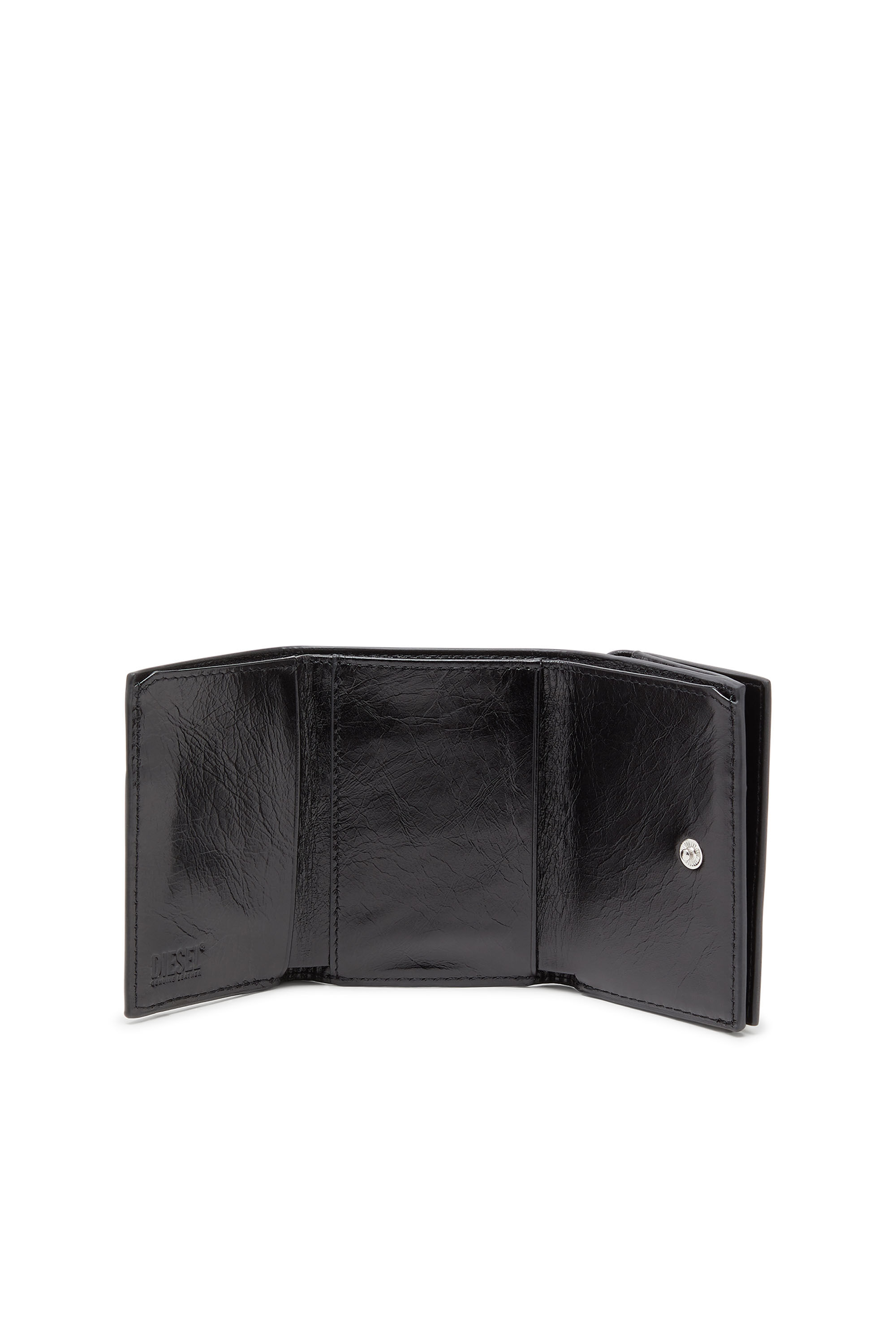 Women's Leather tri-fold wallet with embossed chain motif | Black