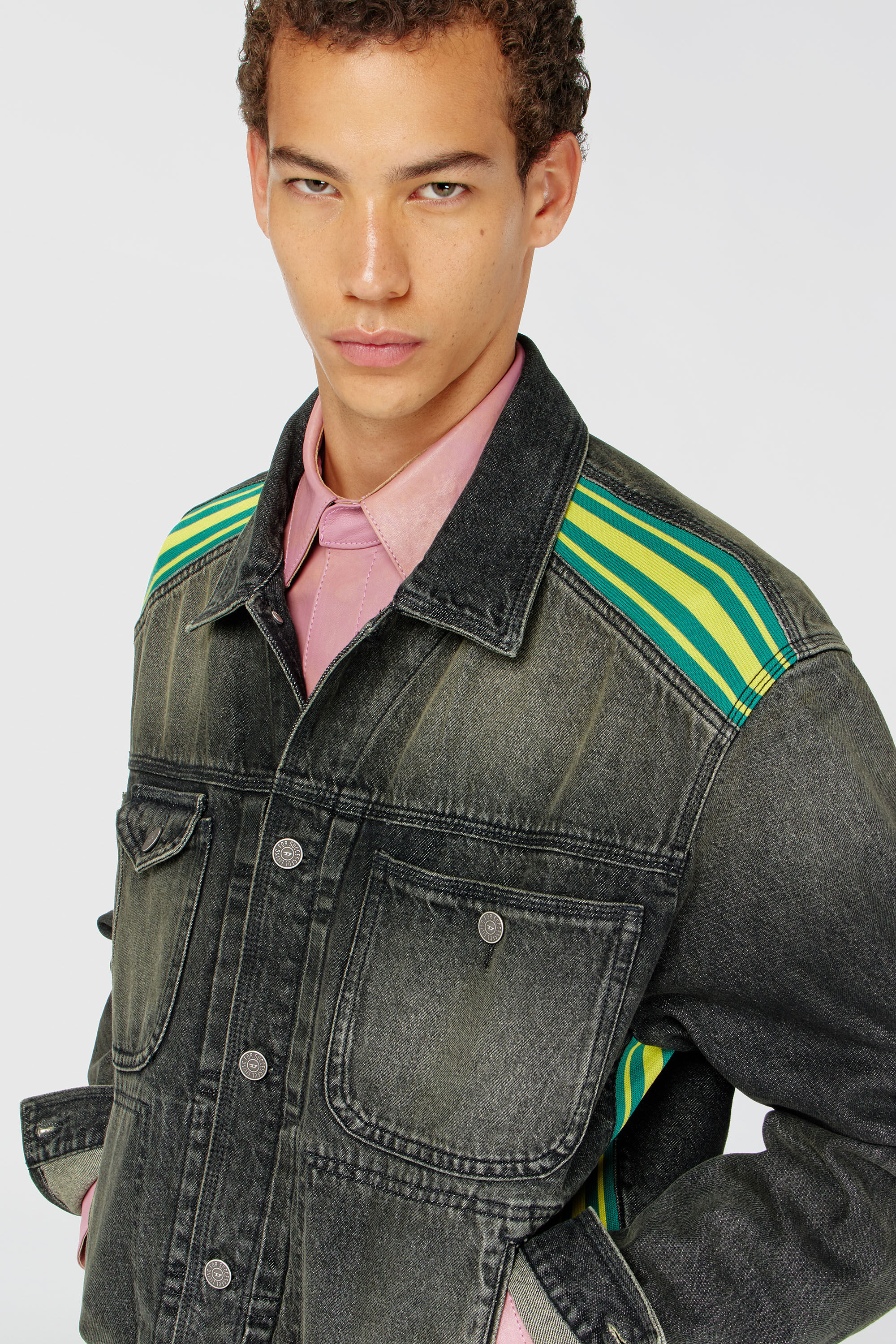 Diesel - D-BAS-FSJ1, Man's Trucker jacket with striped shoulder bands in Dark grey - 5