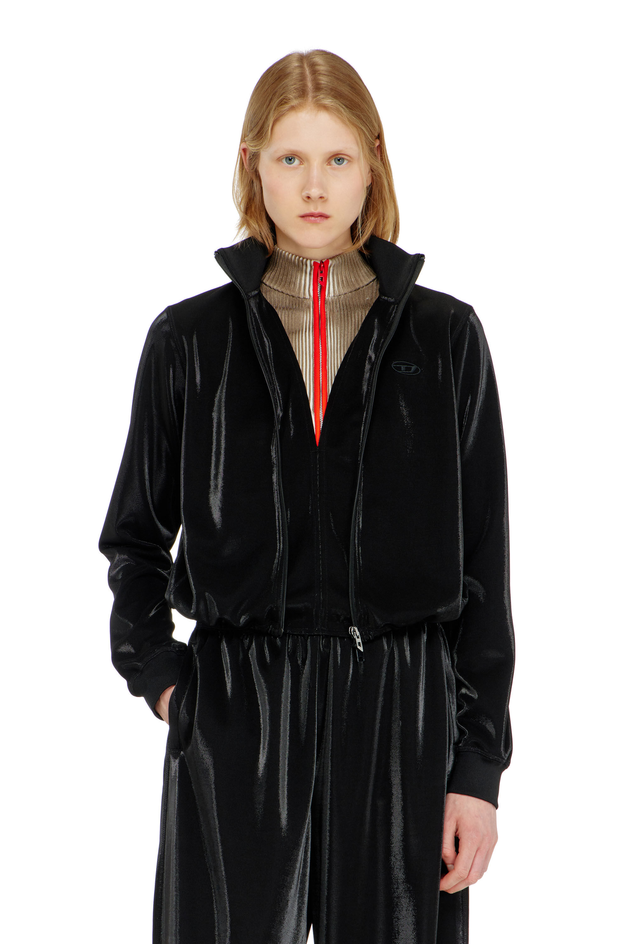 Women's Zipped sweatshirt with shiny piquet effect | Black