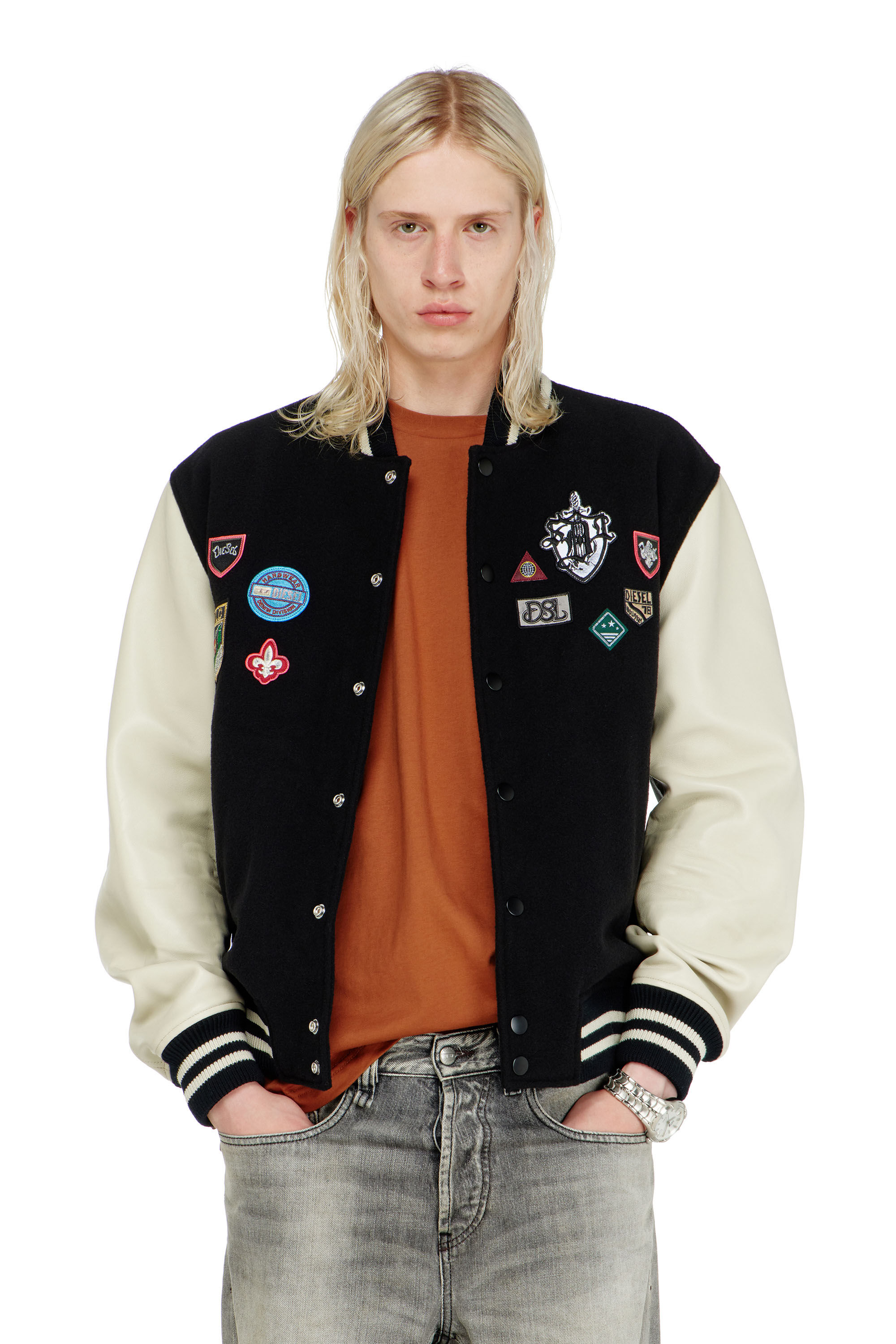 Diesel - L-ARRY-PATCH, Man's Wool and leather bomber jacket with patches in White/Black - 3