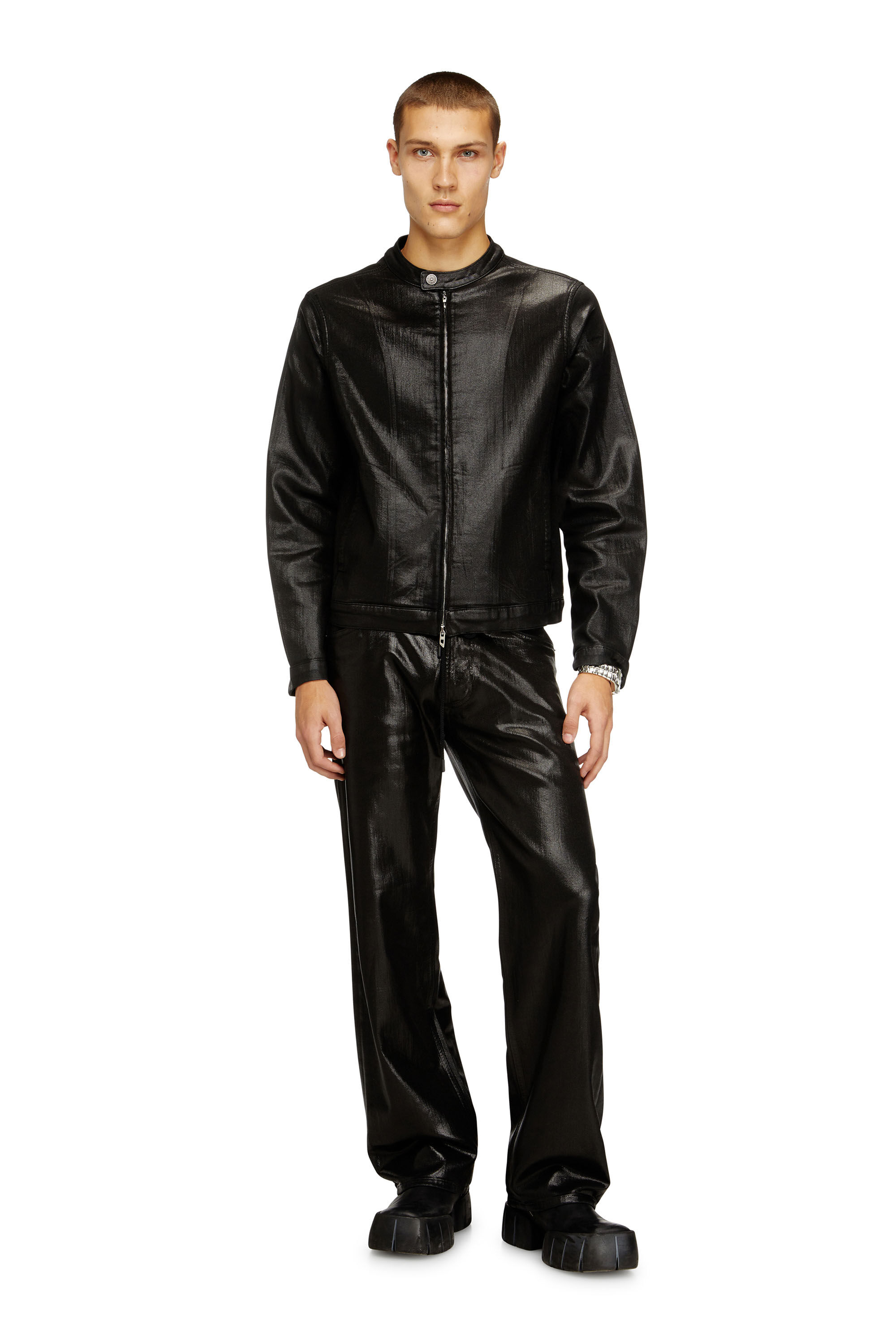 Men's Moto jacket in shiny coated JoggJeans | Black | Diesel HU