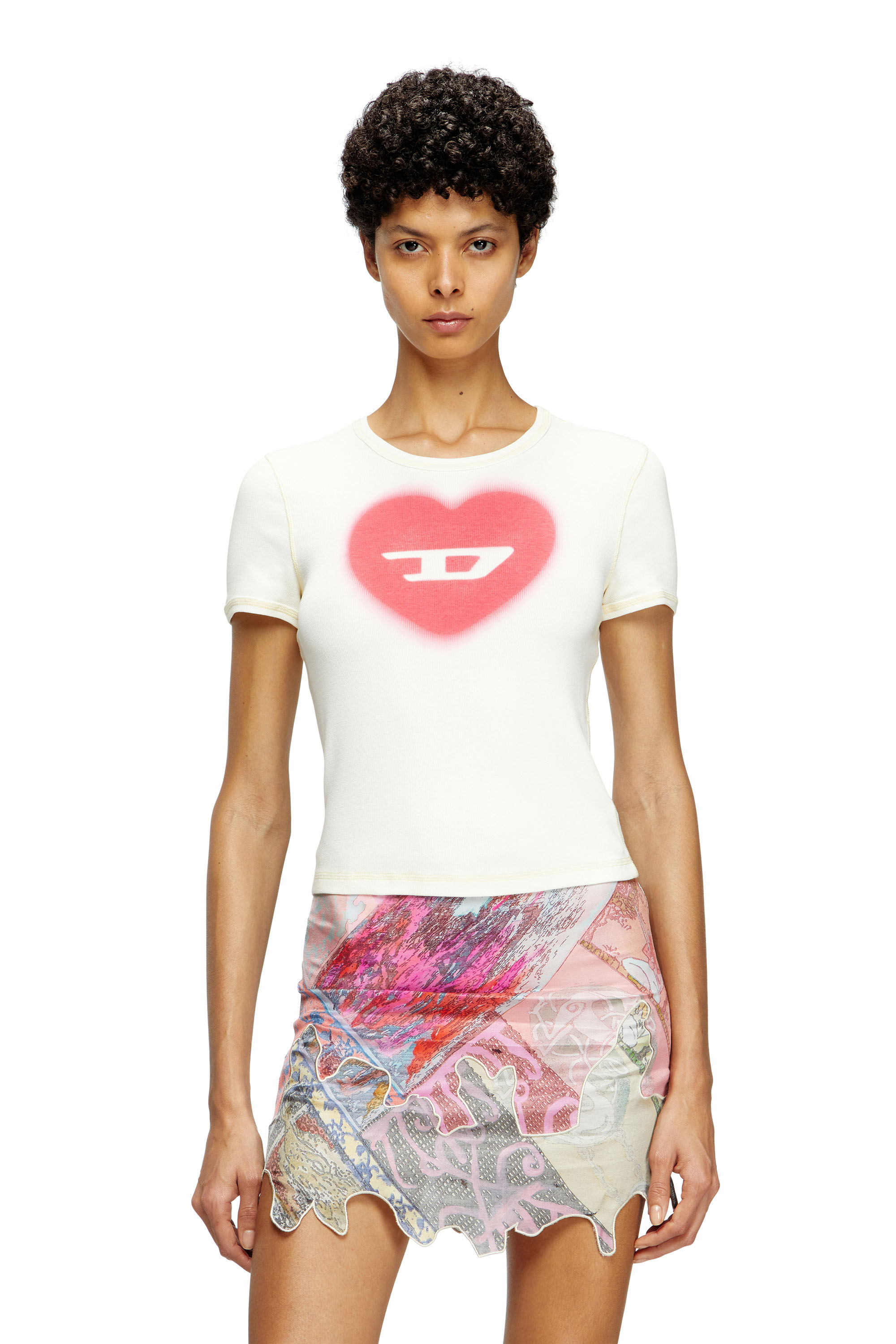 Women's Ribbed T-shirt with watercolour heart D | White | Diesel