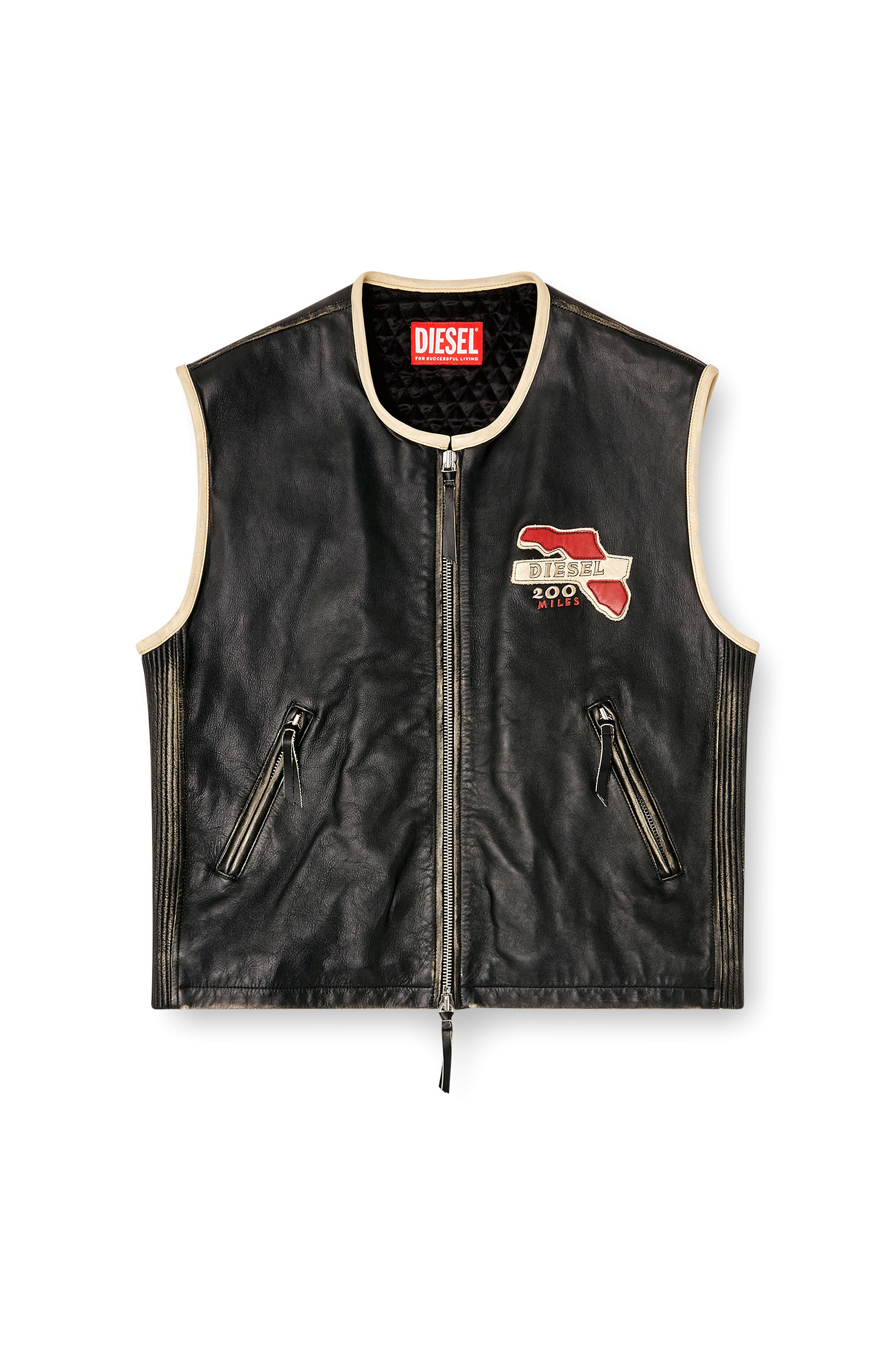 Men's Leather vest with embroidered patches | Black | Diesel
