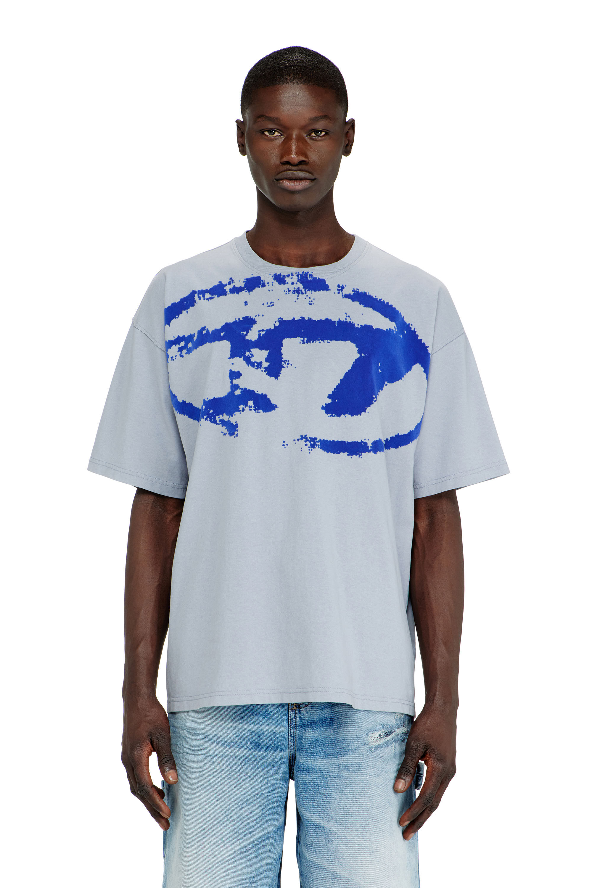 Men's T-shirt with distressed flocked logo | Blue | Diesel