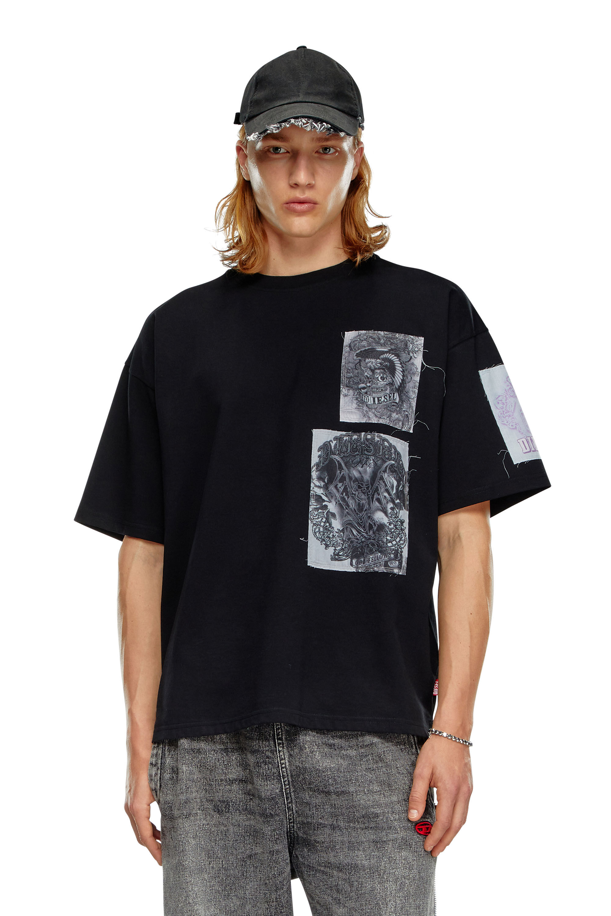 Men's T-shirt with raw-cut printed patches | Black | Diesel