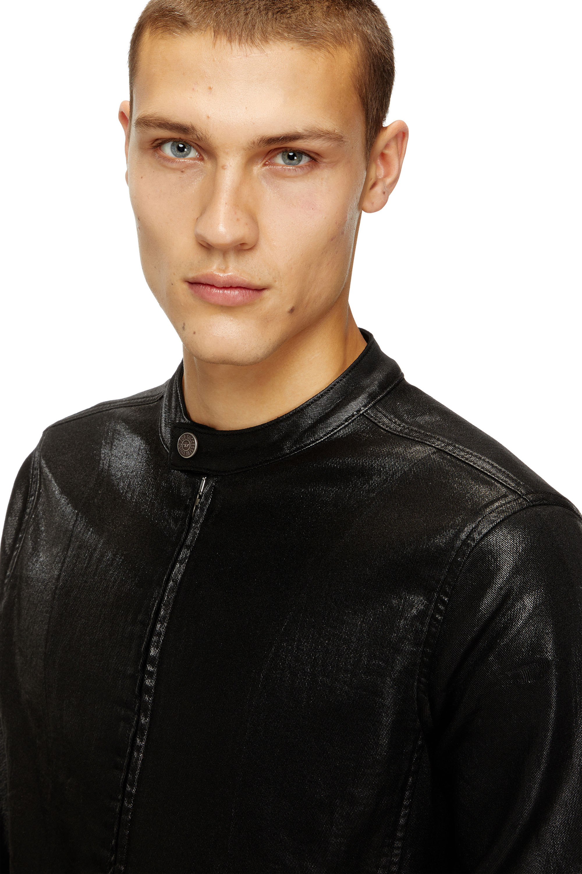 Diesel - D-GLORY JOGG, Man's Moto jacket in shiny coated JoggJeans in Black - 5