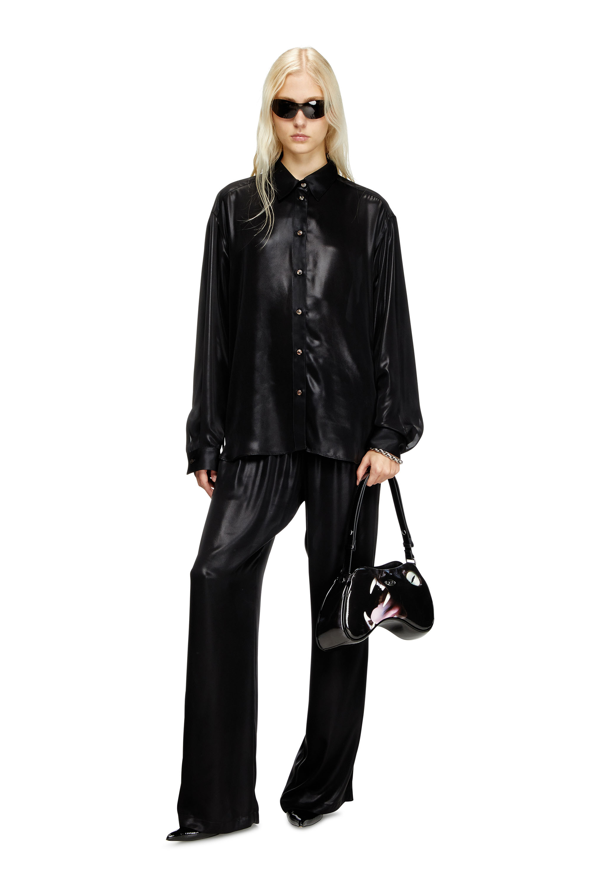 S-SIMPLY-C-WN-Q1, Black Diesel - S-SIMPLY-C-WN-Q1, Woman's Fluid shirt in laminated fabric in Black - 1