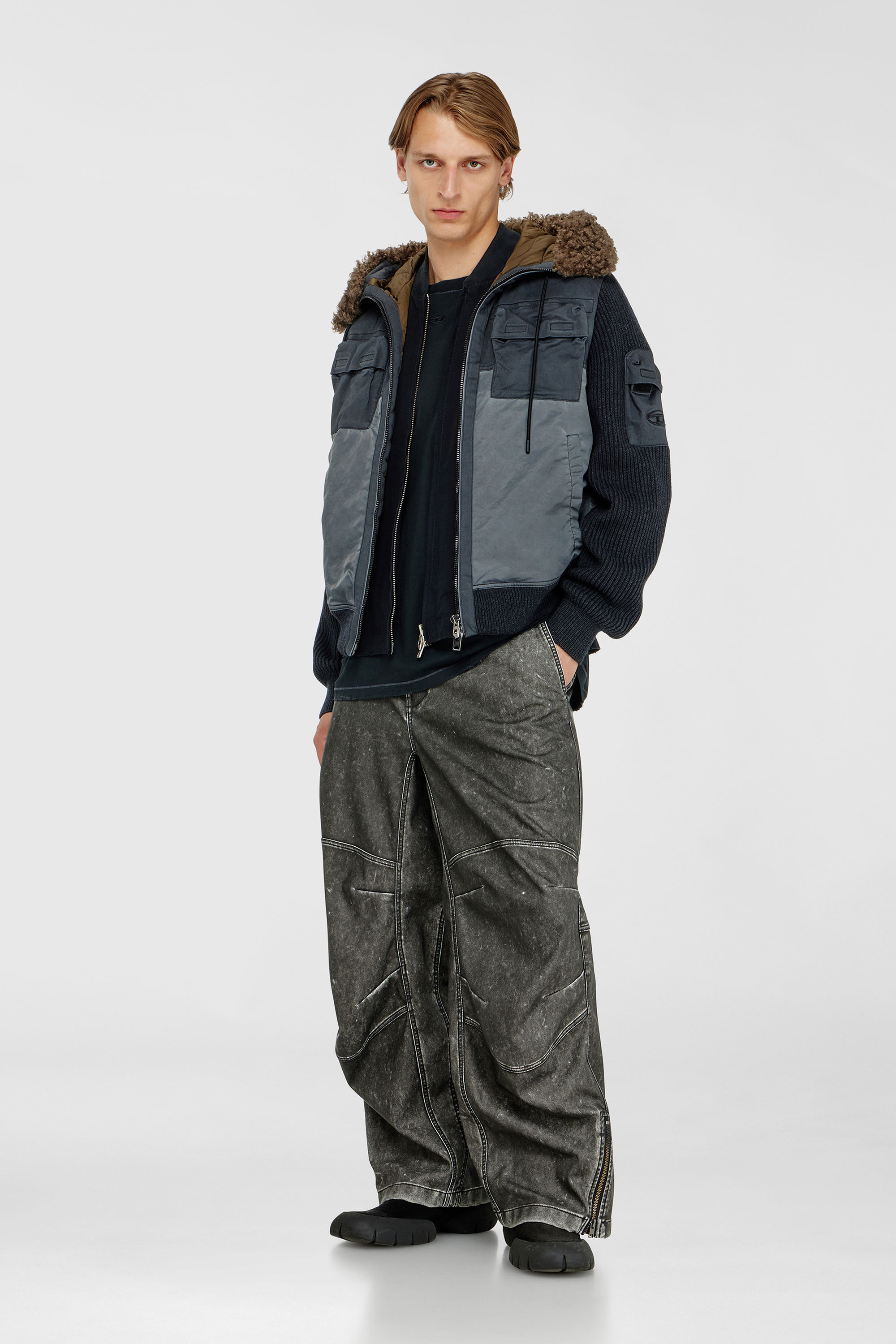 Hooded padded jacket with knitted sleeves