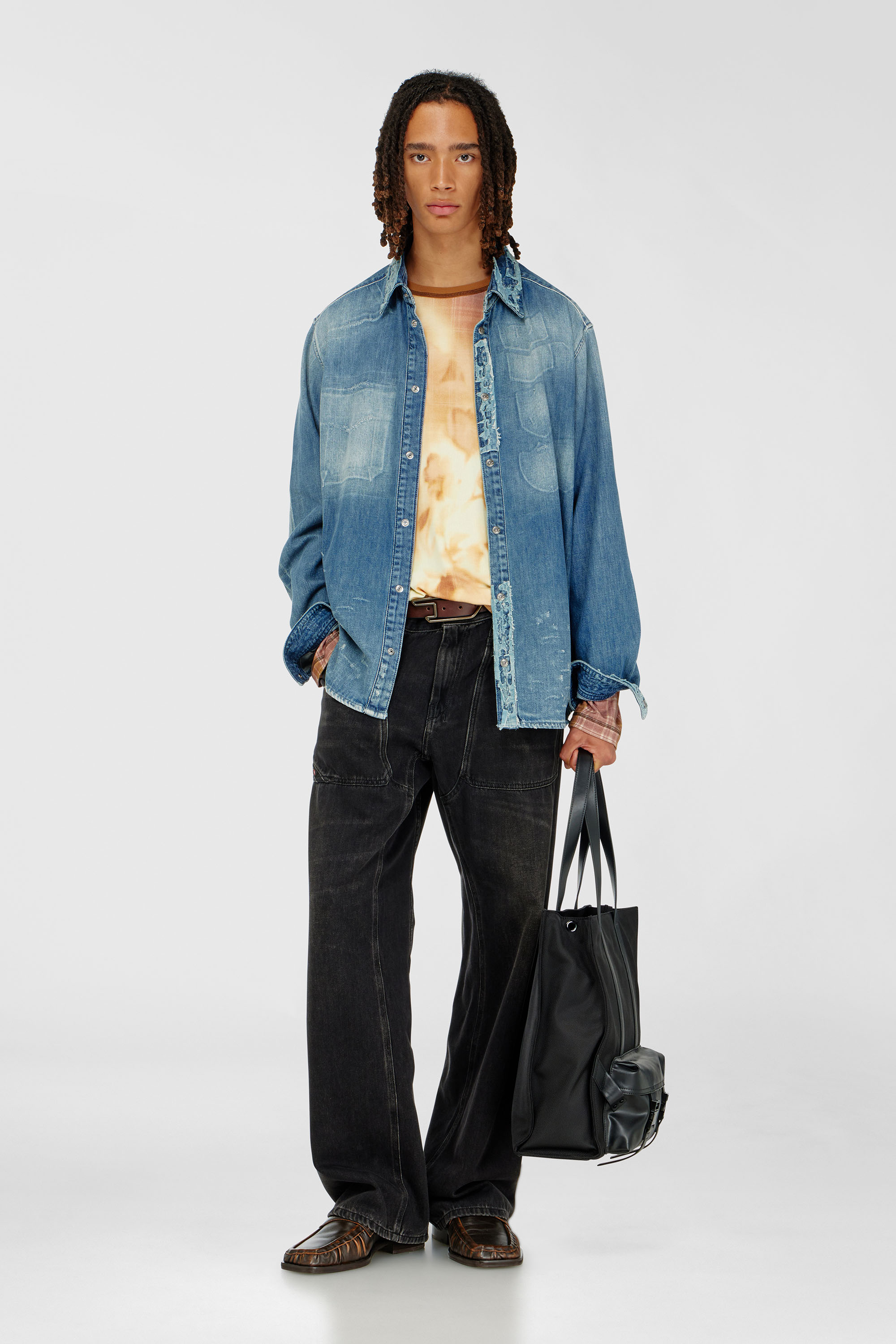 Shirt in distressed patch-effect denim