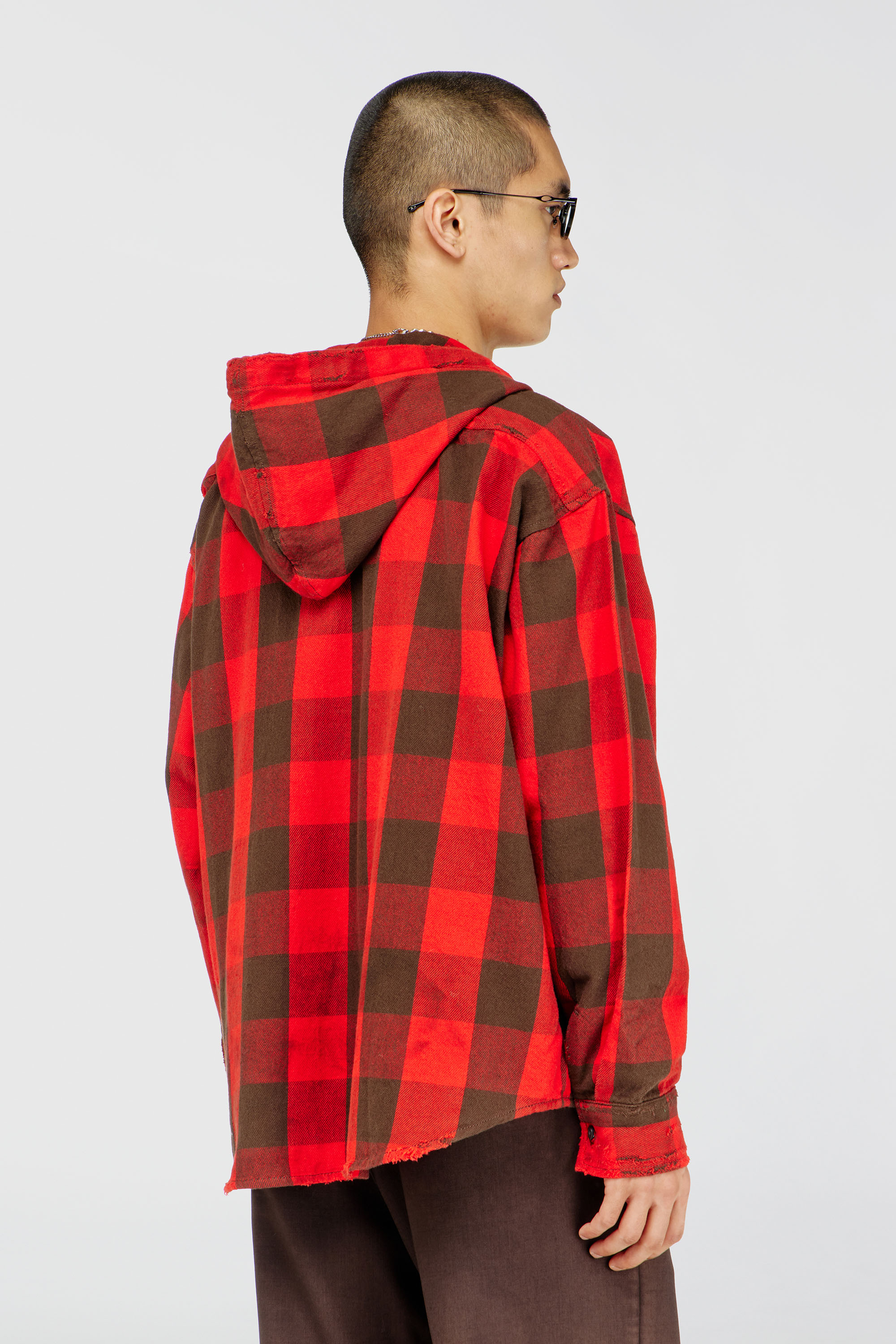 Diesel - S-DRUM-HOODY, Man's Distressed hooded shirt in check flannel in Brown/Red - 4