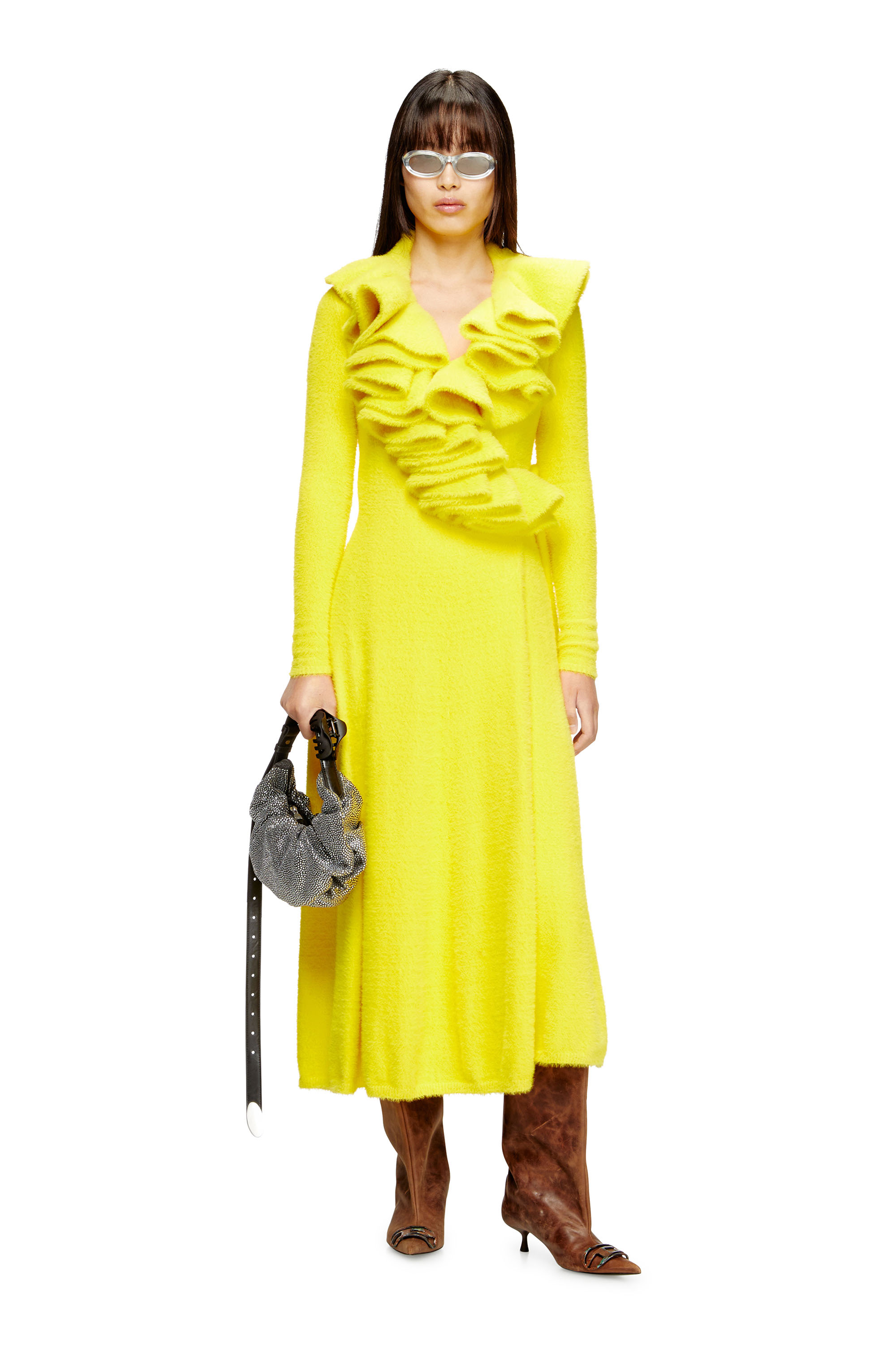 Diesel - M-INGELINA, Woman's Fluffy midi dress with ripple neck in Yellow - 3