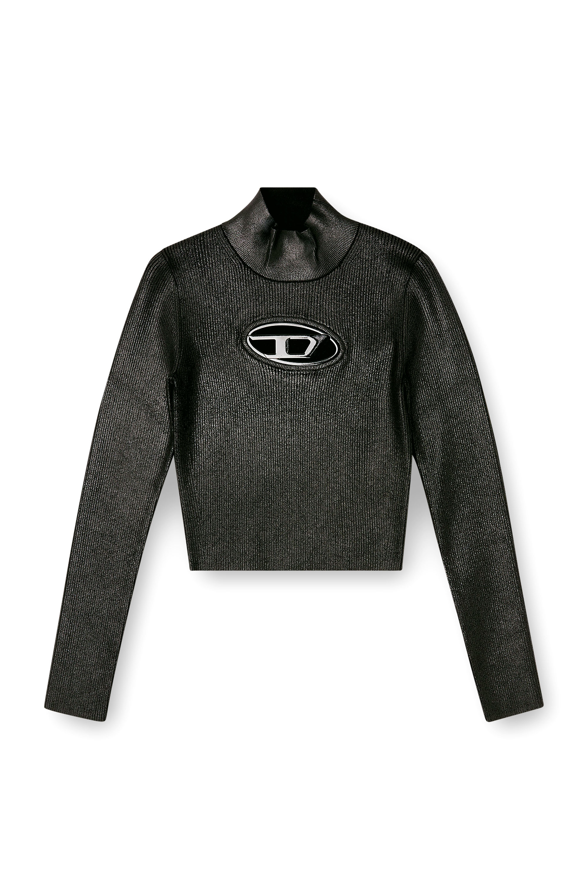Diesel - M-VALARI-TN, Woman's Ribbed-knit turtleneck with shiny effect in Black/Silver - 3