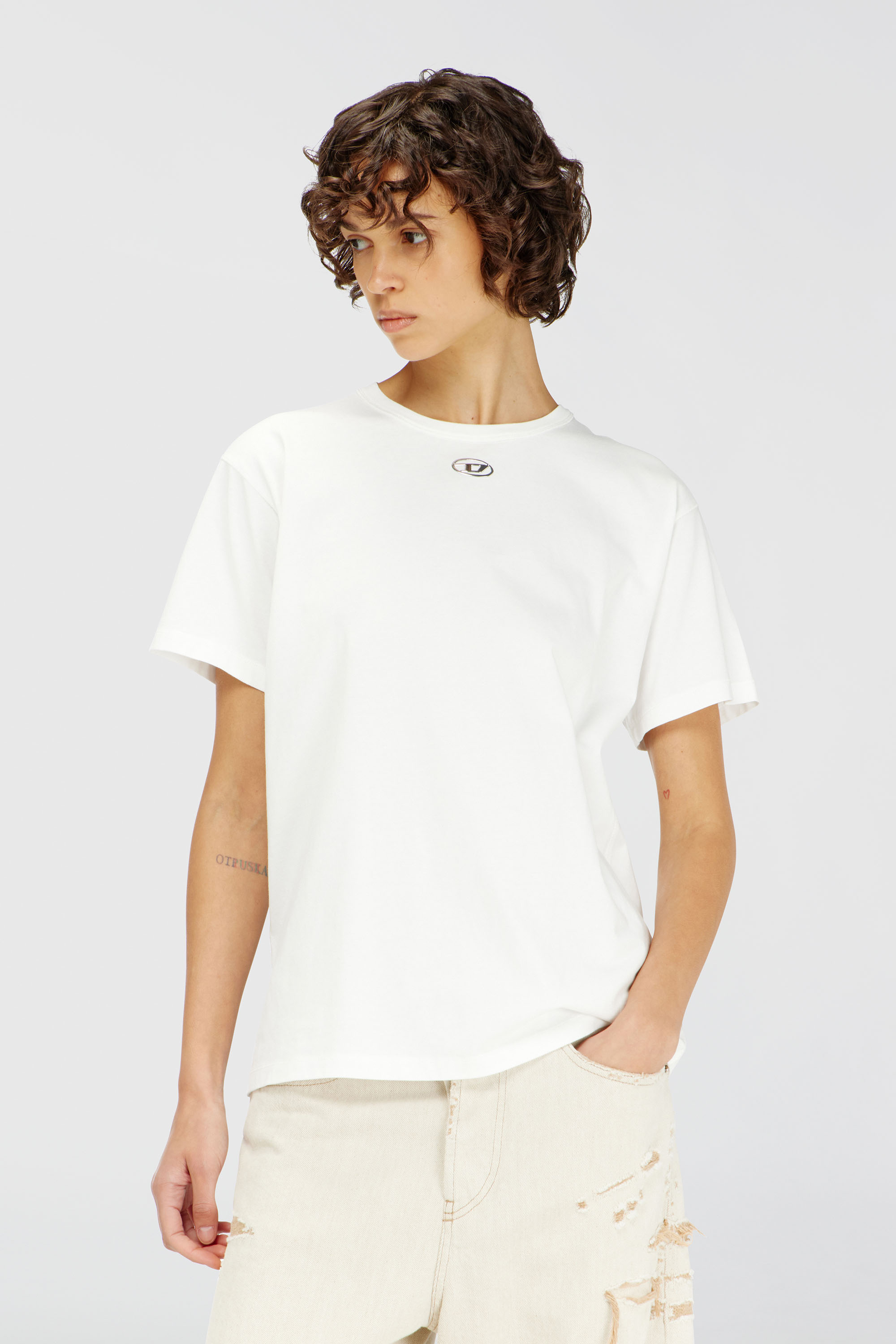 Diesel - T-NORMY-OD-S1, Woman's Cotton T-shirt with metallic Oval D in White - 3