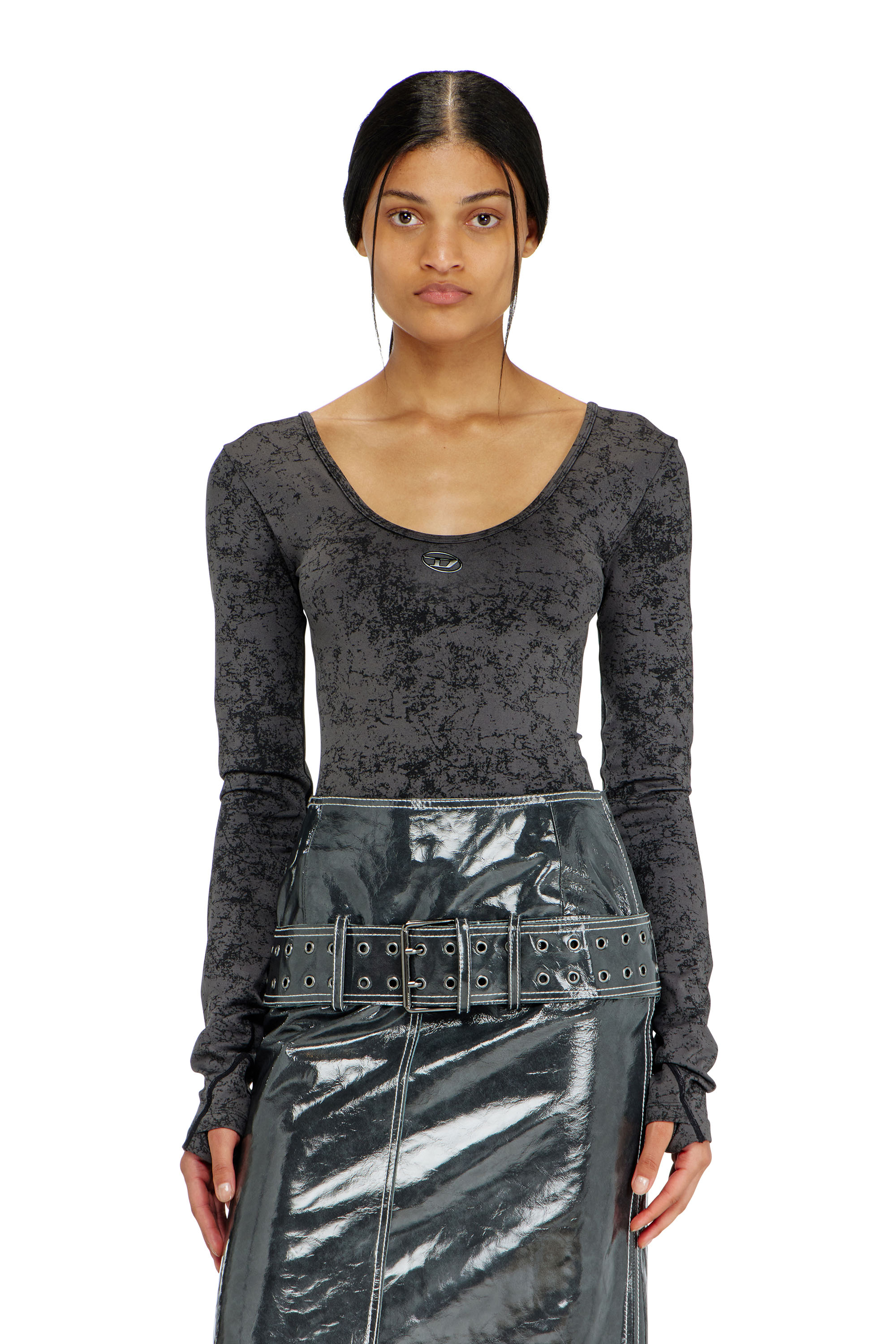 Diesel - IONNA-UTLT, Woman's Open-back bodysuit with utilitarian print in Black - 2