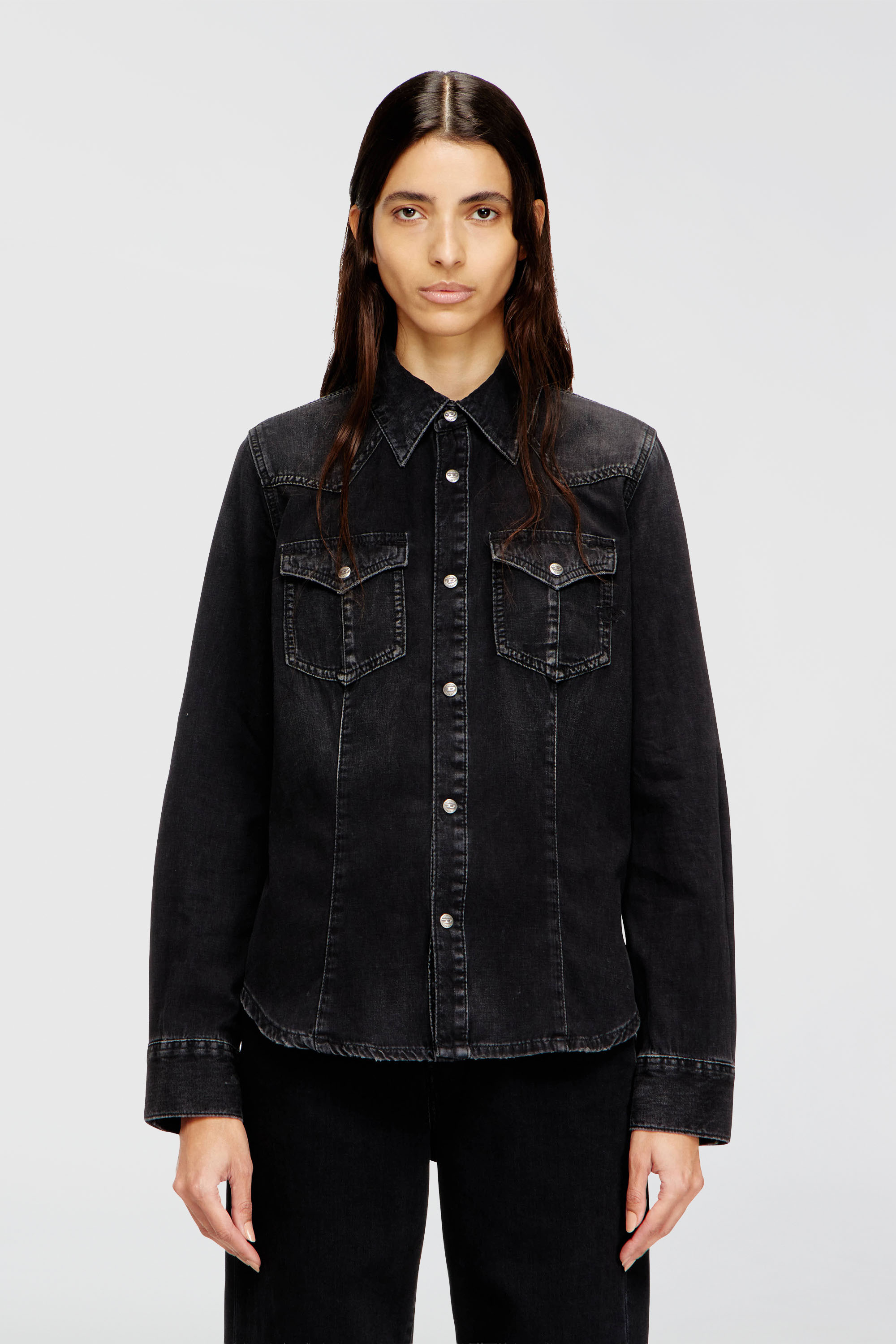 Diesel - DE-WAVES, Woman's Western shirt in treated denim in Black - 1