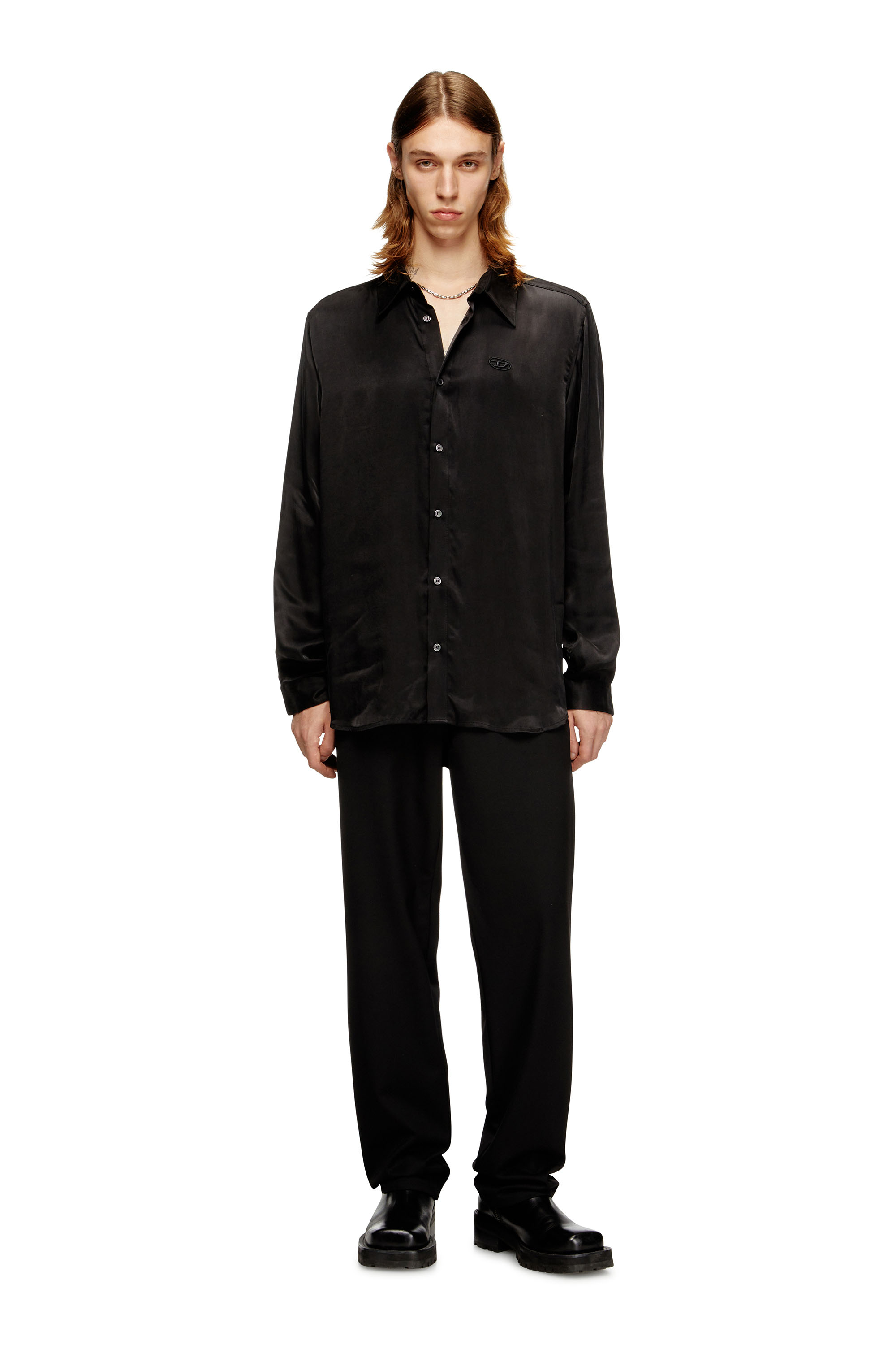 S-SIMPLY-AJFU, Black Diesel - S-SIMPLY-AJFU, Man's Cupro shirt with embroidered logo in Black - 1