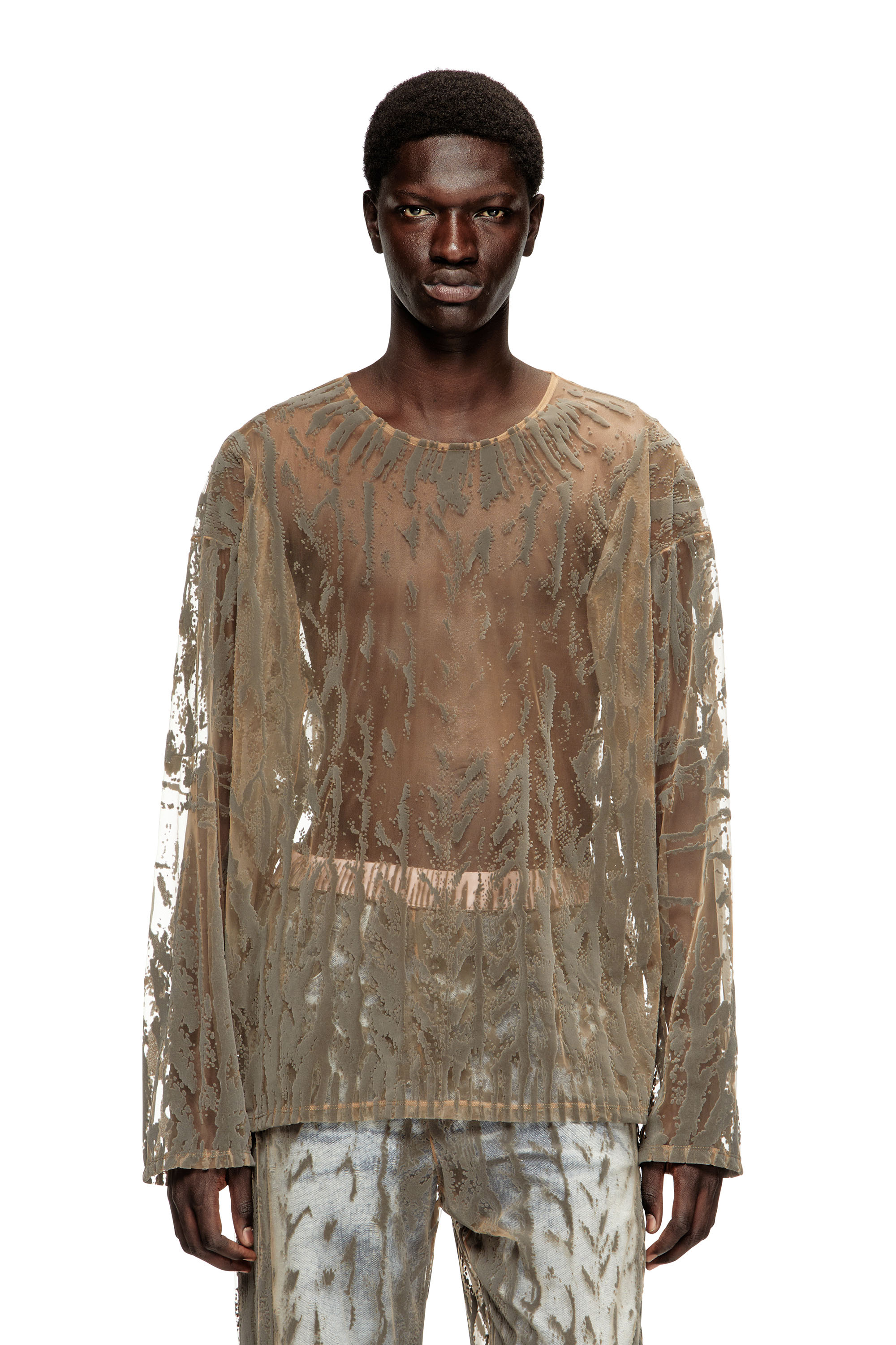 Diesel - T-TARAS, Man's Long-sleeve top in flocked tulle in Light Grey - 3