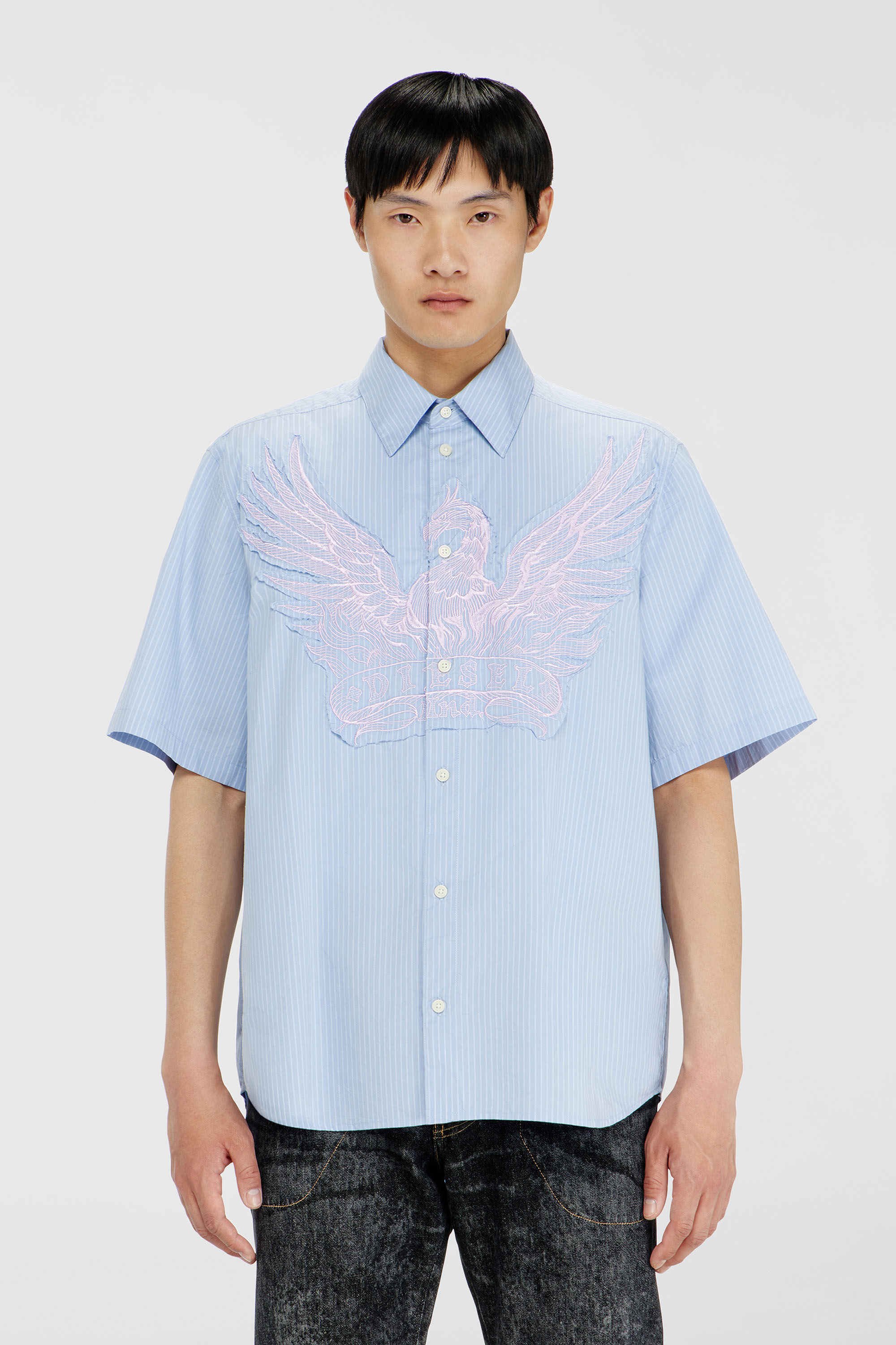 Diesel - S-SIMPLY-SS-AGCZ, Man's Striped poplin shirt with embroidered patch in Light Blue - 3