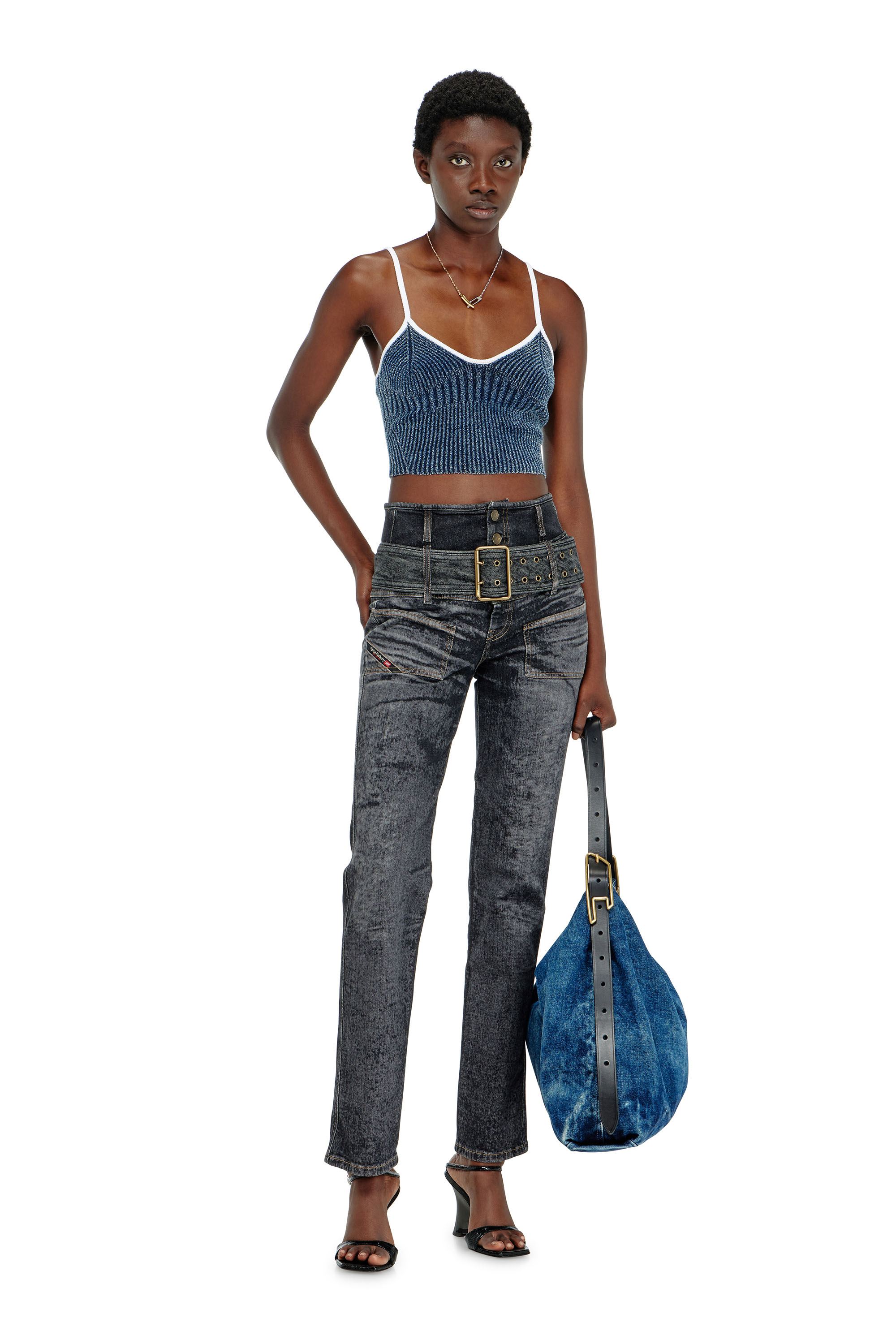 Diesel - M-ESTERE, Woman's Crop top in indigo boucl&eacute; ribbed knit in Blue/White - 2