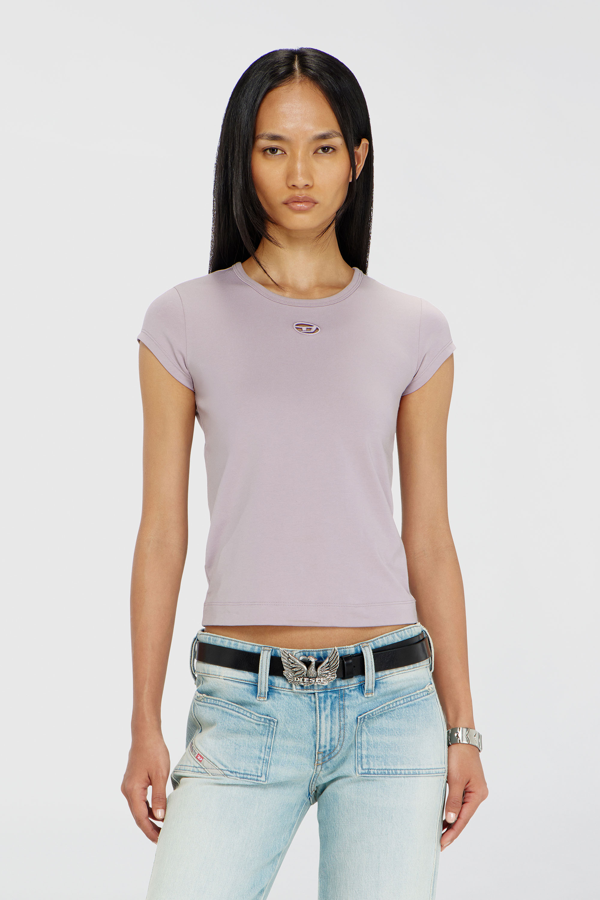 Diesel - T-ANGIE-OD, Woman's T-shirt with cut-out embroidered logo in Lilac - 3