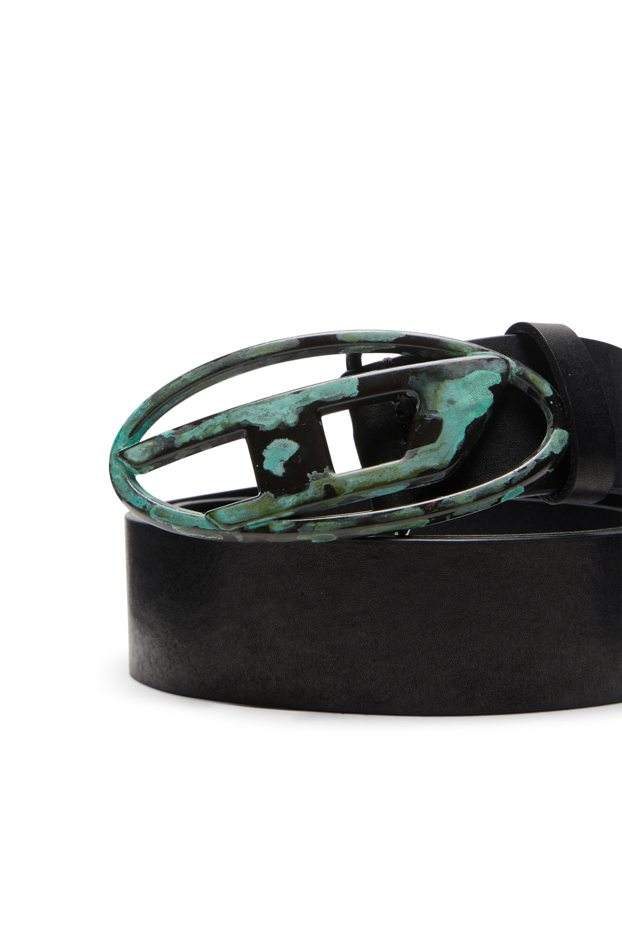 Diesel - B-1DR, Unisex's Leather belt with oxidised logo buckle in Black/Green - 3