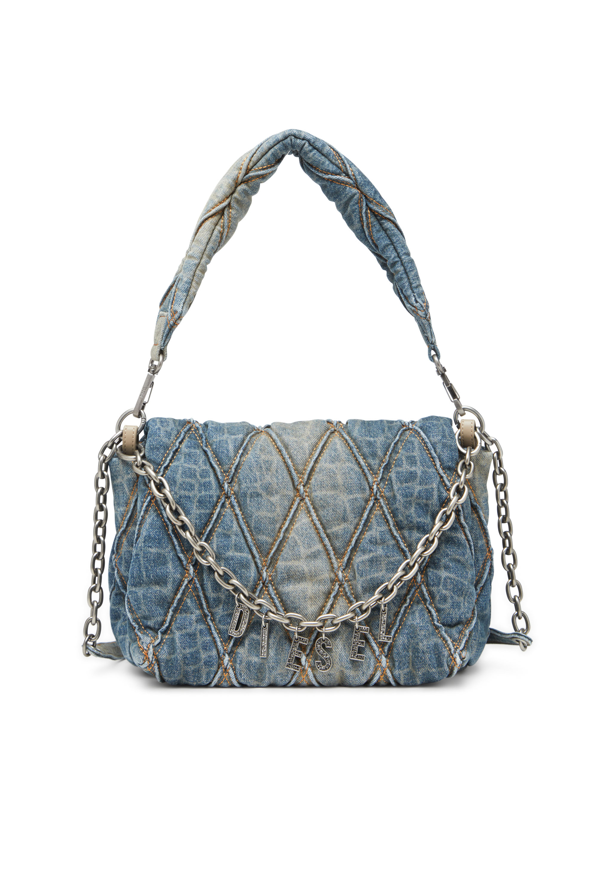 Diesel - CNY CHARM-D SHOULDER M, Woman's Shoulder bag in snake-print quilted denim in Blue - 1