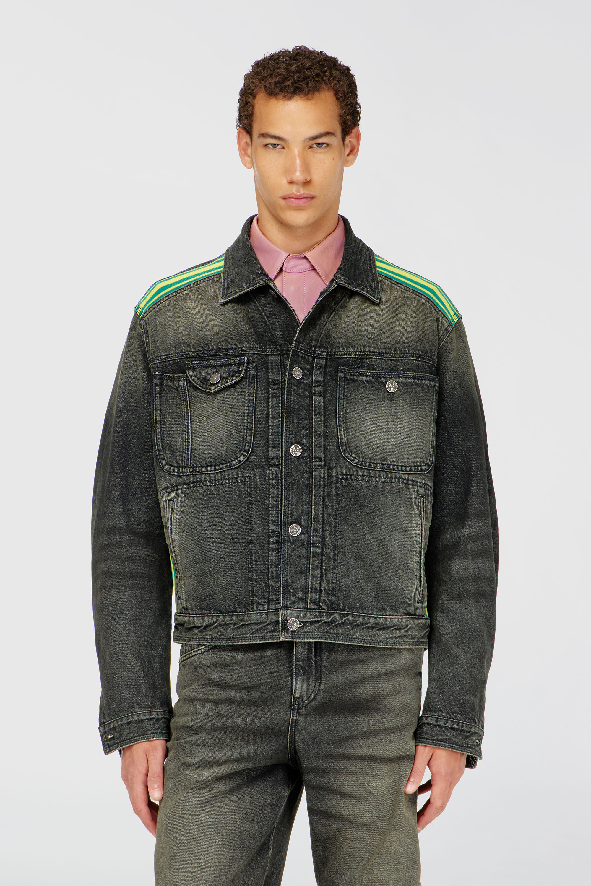 Diesel - D-BAS-FSJ1, Man's Trucker jacket with striped shoulder bands in Dark grey - 3