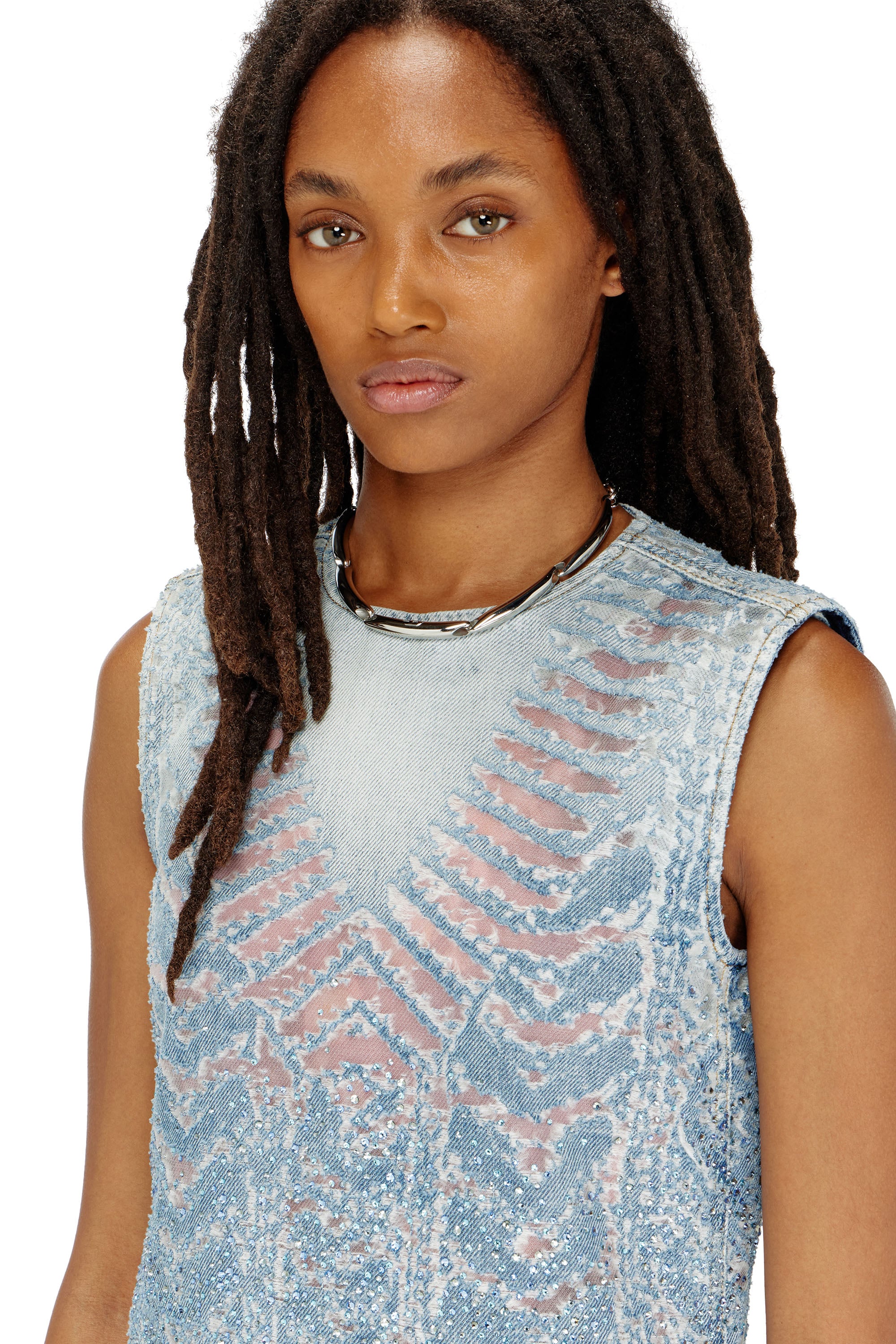 Diesel - DE-MYRELA-S, Woman's Mini dress in microstone devor&eacute; denim in null - 4