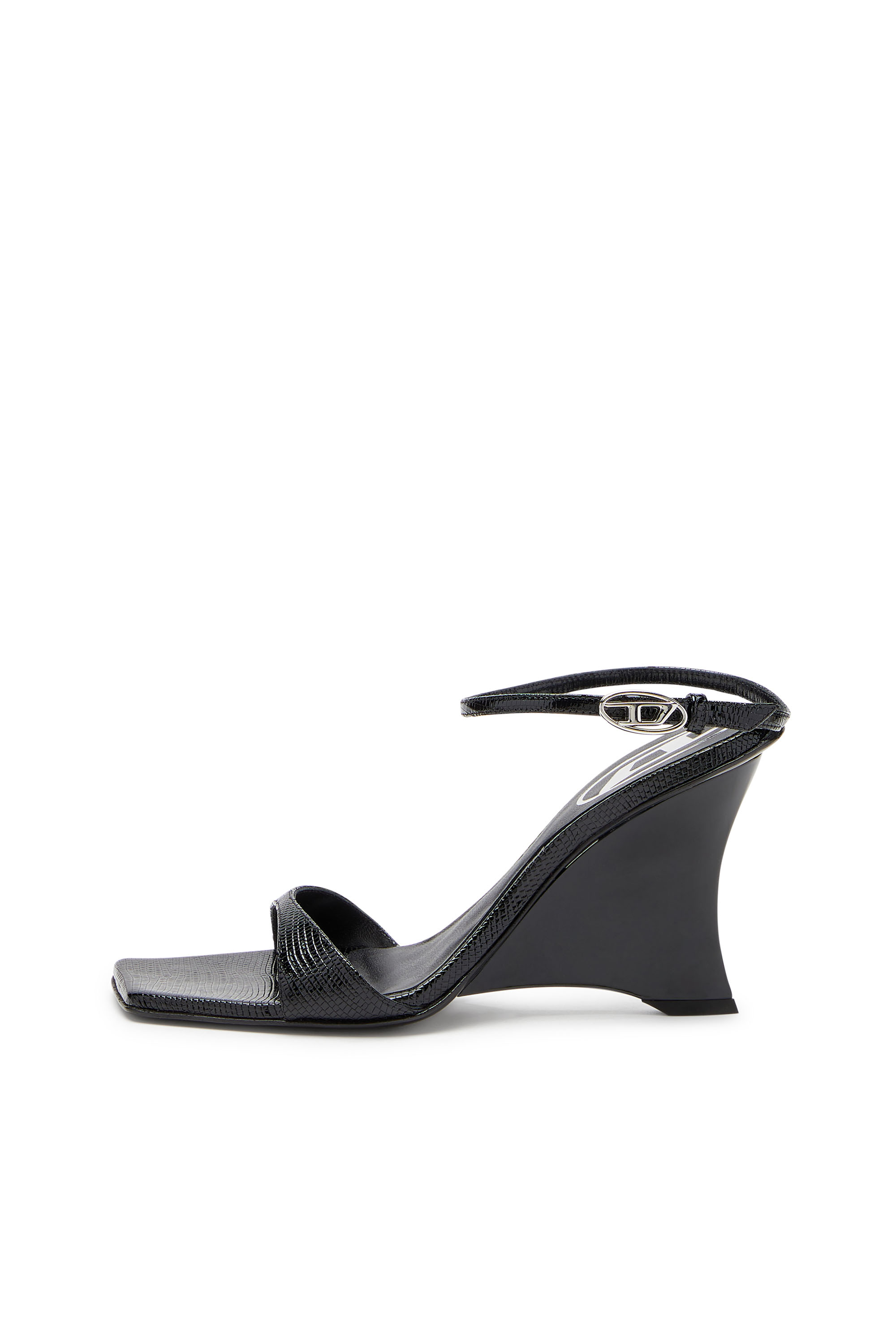 Diesel - D-AMBER SANDAL WEDGE, Woman's D-Amber-Wedge sandals in lizard-effect leather in Black - 3