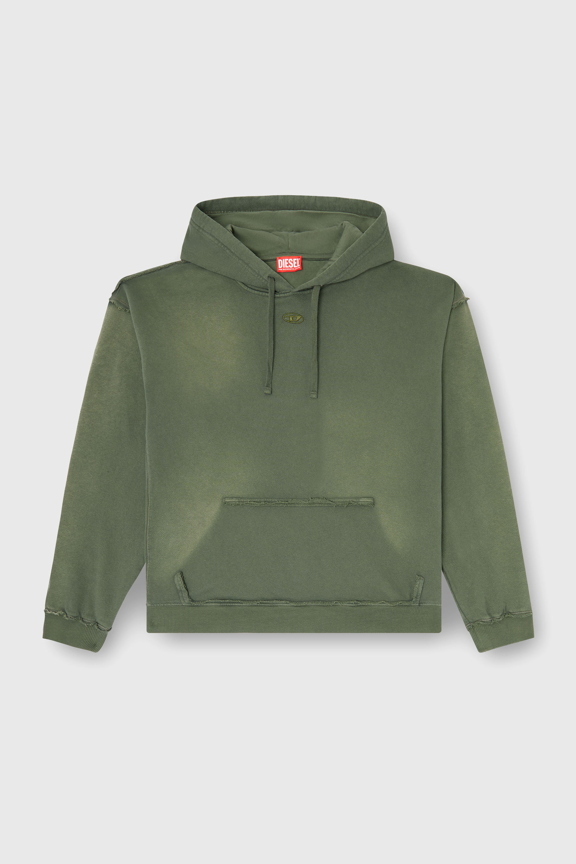 Diesel - S-POCK-HOOD, Man's Faded cotton hoodie with frayed details in Military Green - 2