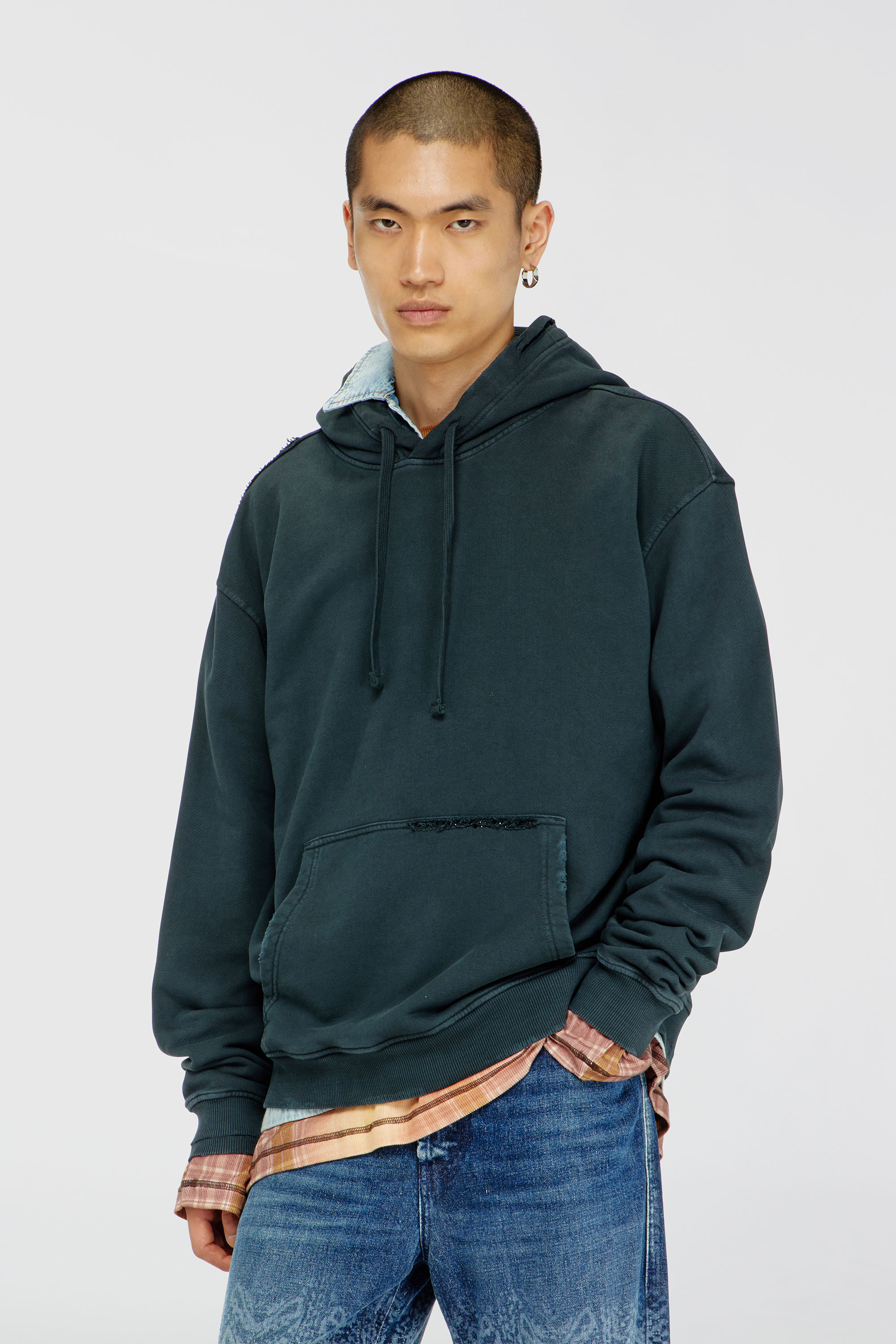 Diesel - S-NORM-HOOD-CRYSTALS, Man's Hoodie with rips and crystal details in Dark Green - 1