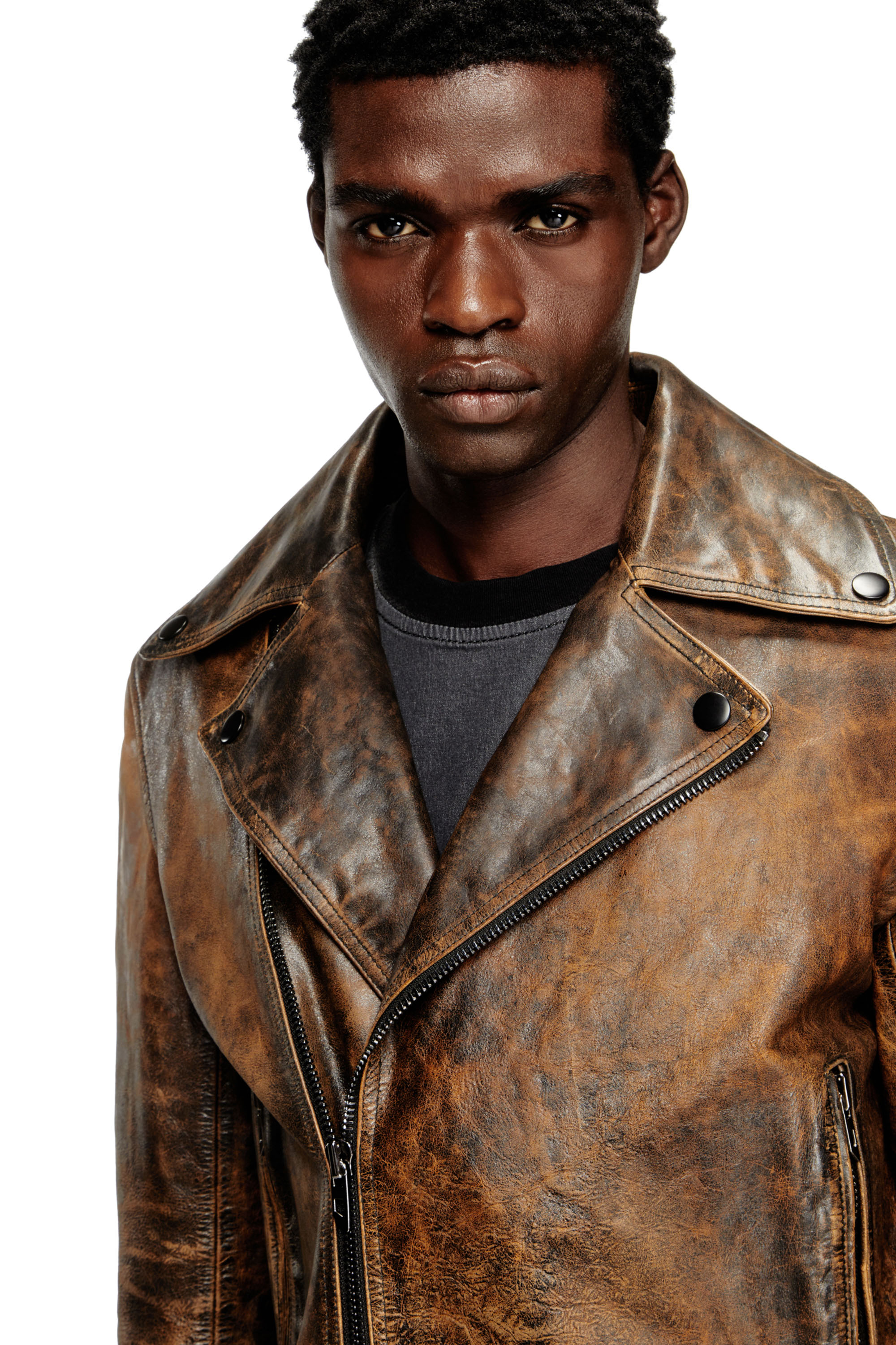 Diesel - L-EON, Man's Biker jacket in treated leather in Brown - 5