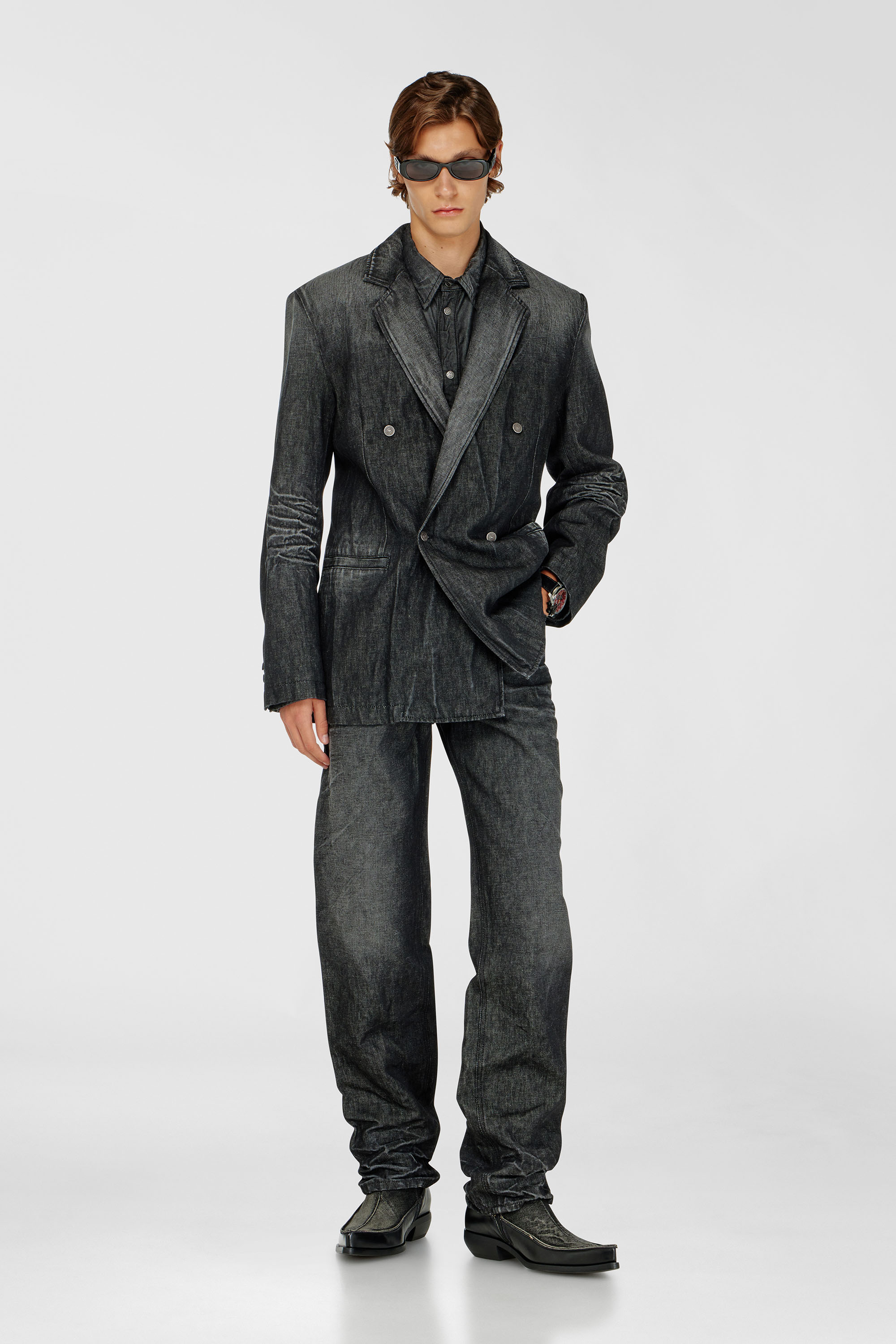 Diesel - D-KOT-FSJ, Man's Double-breasted blazer in creased denim in Black/Dark grey - 1