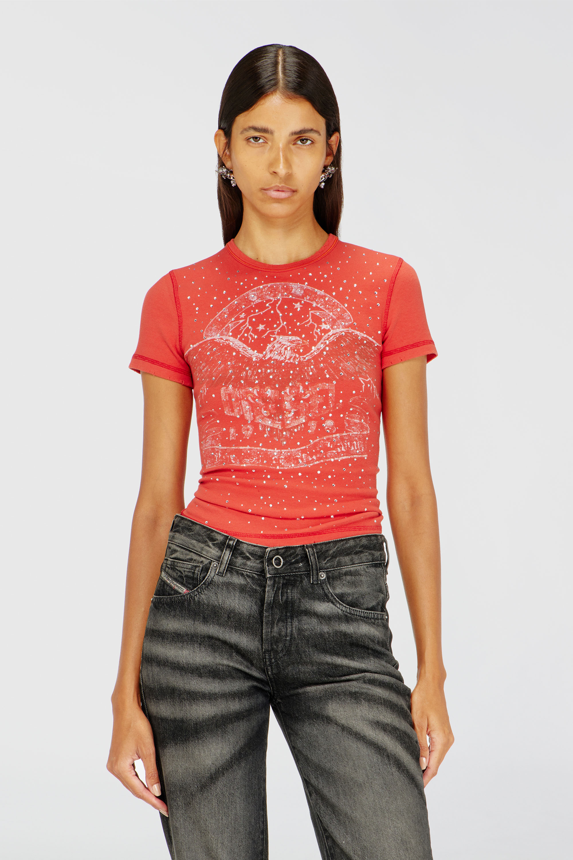 Diesel - T-MARSY-RIB-CRY, Woman's T-shirt with concert graphics and crystals in Red - 3