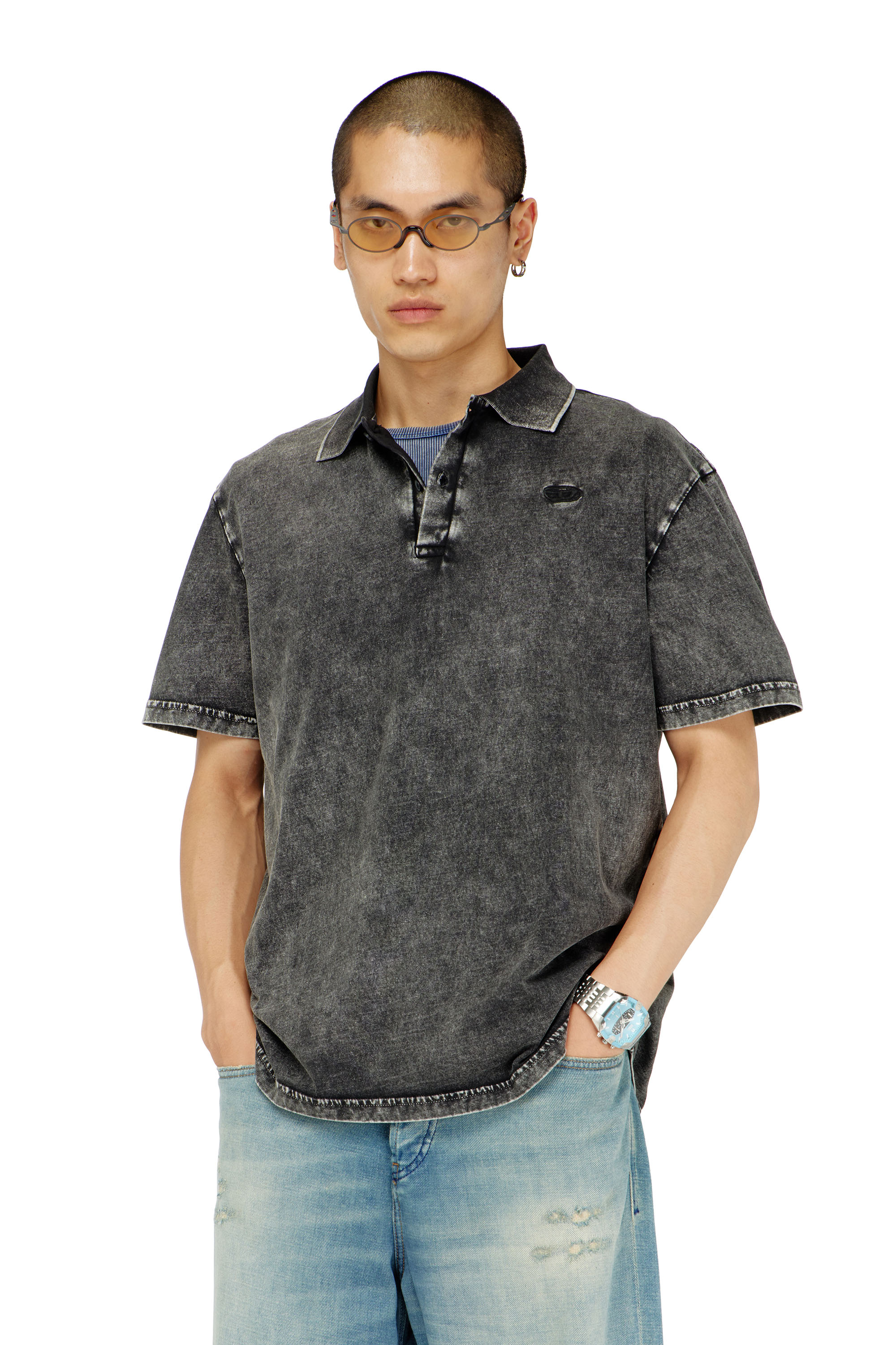 Diesel - T-REJUST-NC-DEN, Man's Polo shirt in denim-effect jersey in Dark grey - 3