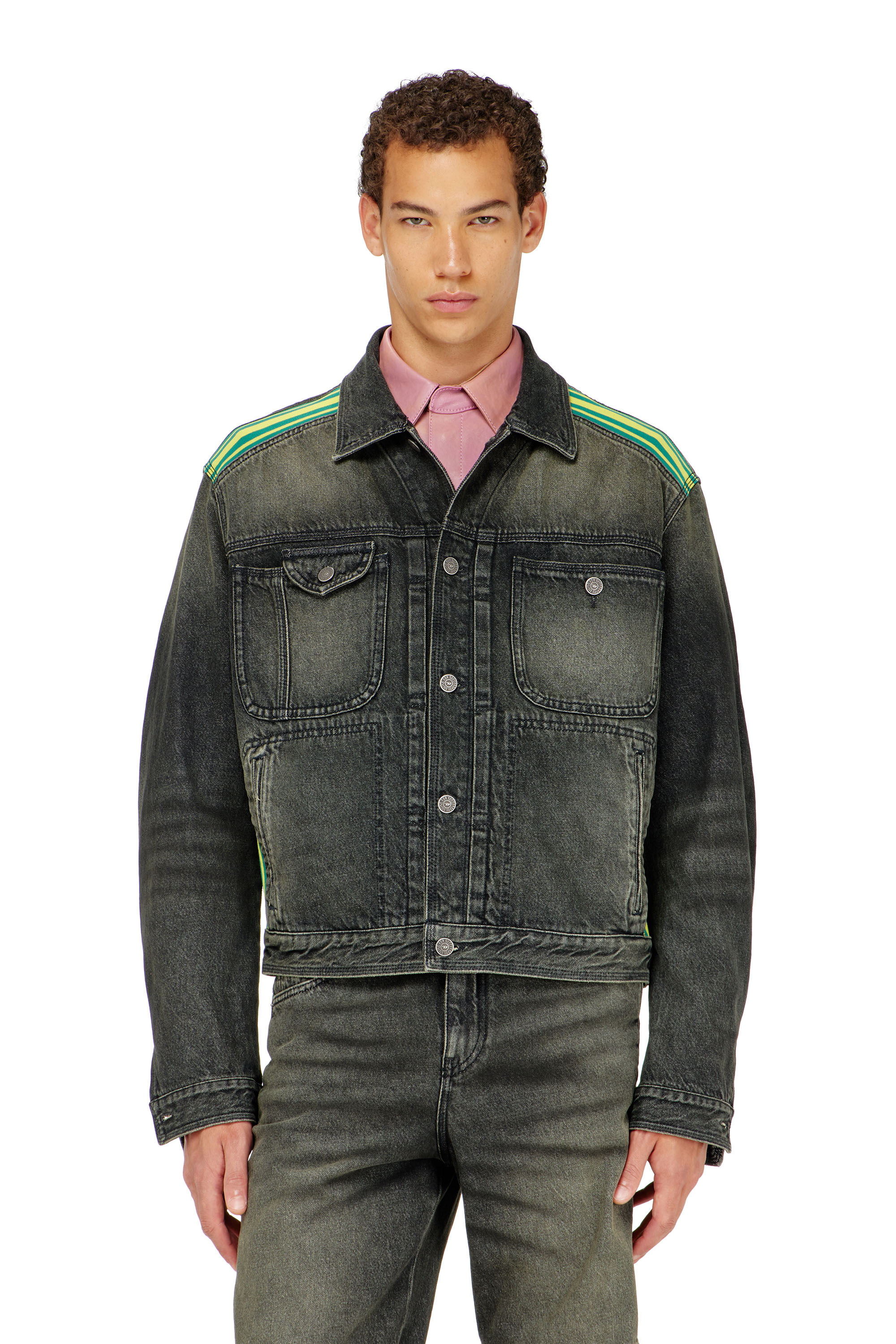 Diesel - D-BAS-FSJ1, Man's Trucker jacket with striped shoulder bands in Black/Dark grey - 1
