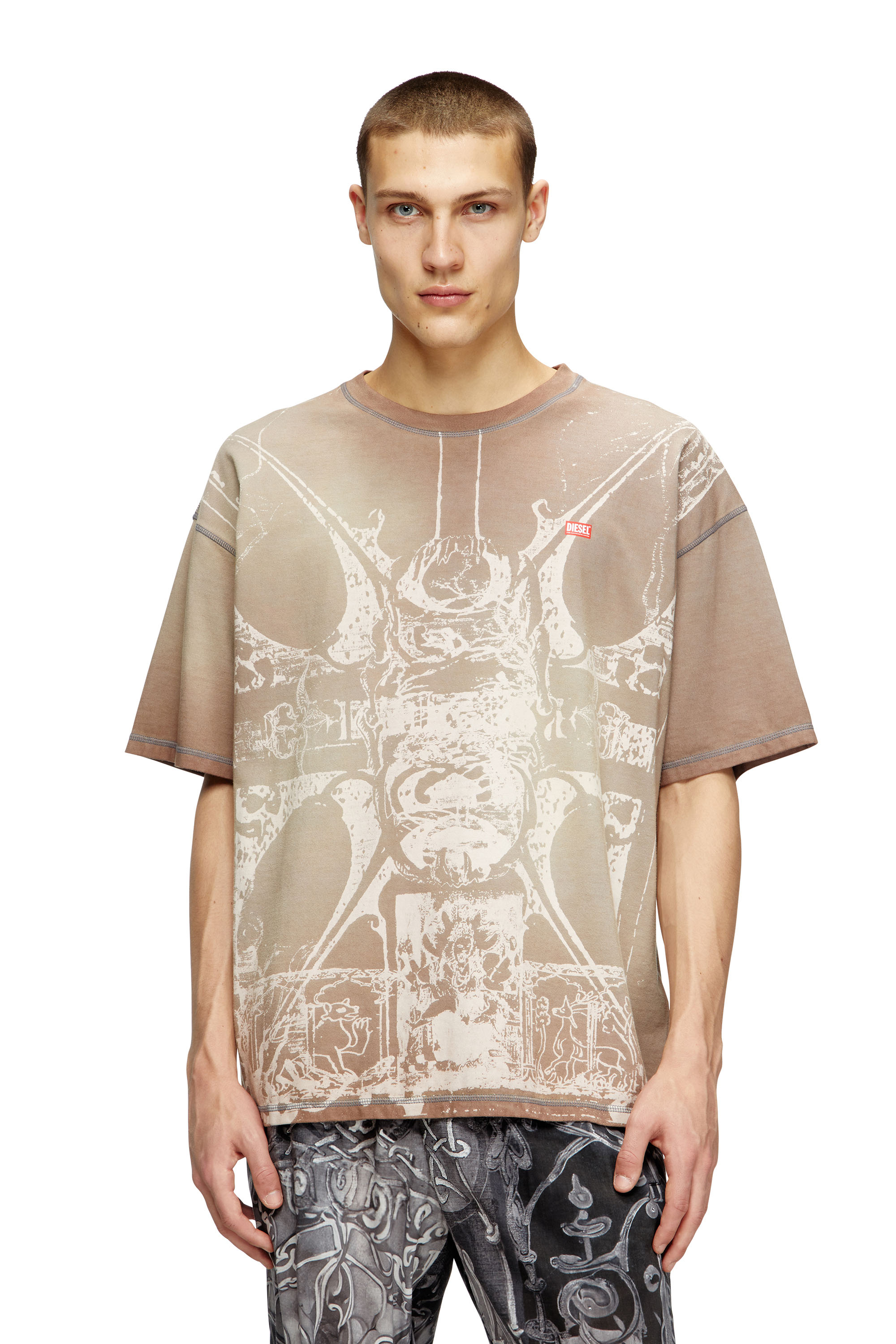 Diesel - T-BOXT-T13, Man's T-shirt with tonal medieval print in Light Brown - 1