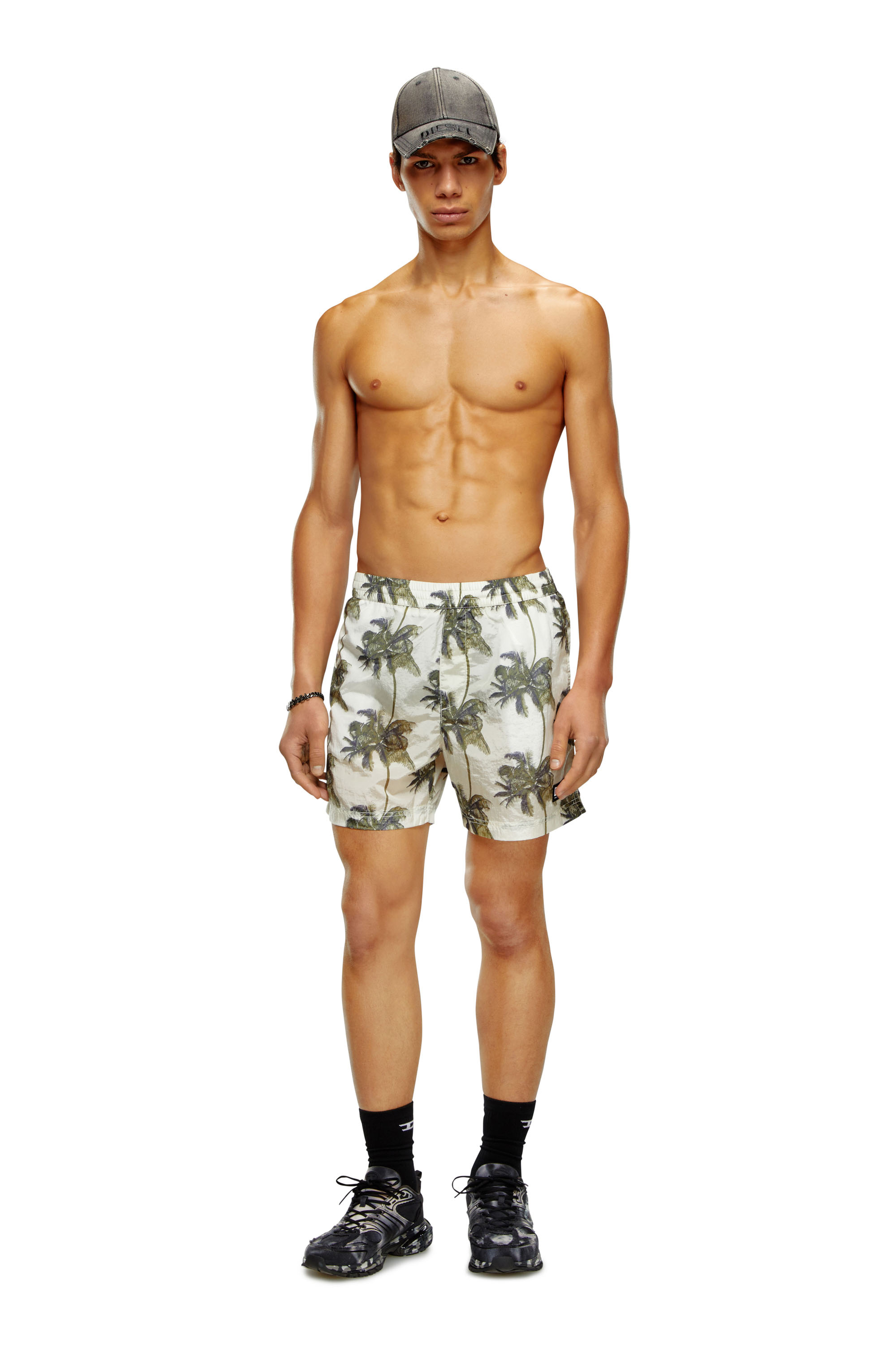 Diesel - BMBX-RIO-41CM-PARACHUTE, Man Palm-tree board shorts in crinkled fabric in Green - Image 1
