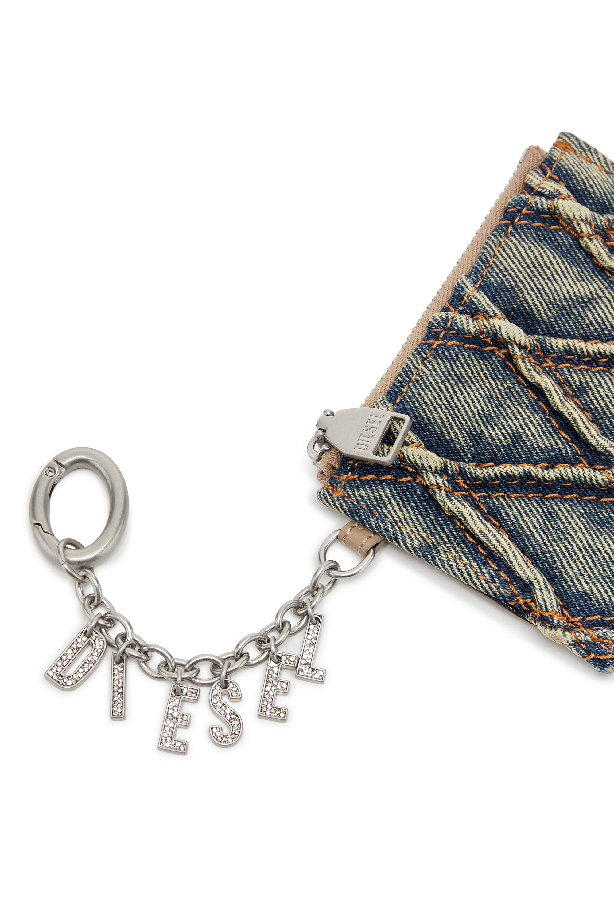 Diesel - CARD HOLDER WITH CHAIN, Woman's Card holder in argyle quilted denim in Blue - 4