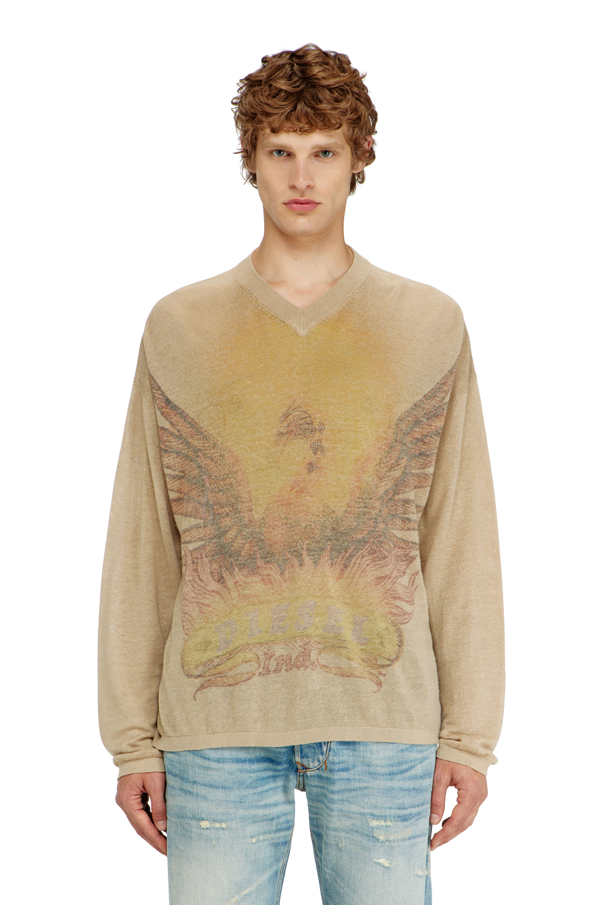 Diesel - K-ARMINS, Man's Linen jumper with faded Phoenix print in Beige - 1
