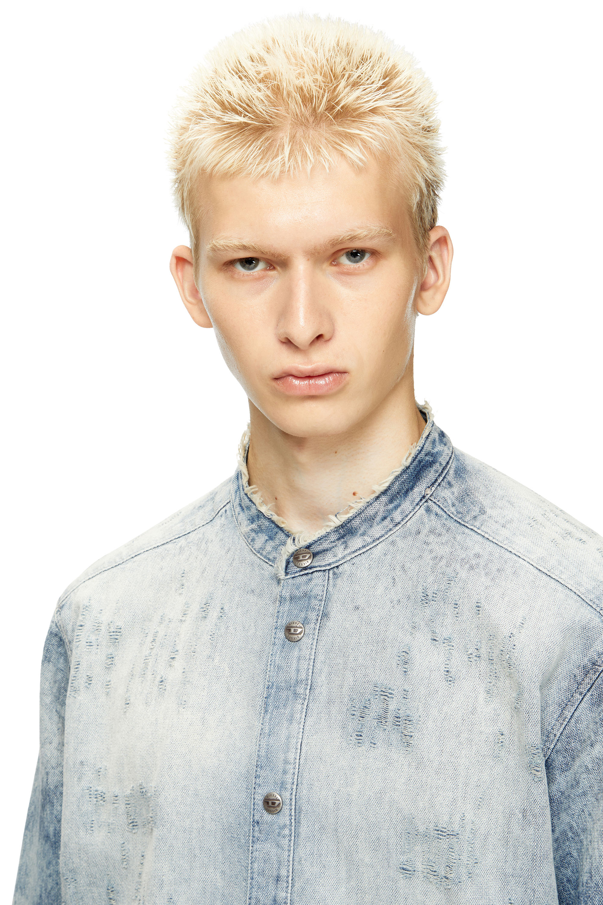 D-SIMP-FSH, Light Blue Diesel - D-SIMP-FSH, Man's Shirt in distressed honeycomb denim in Light Blue - 5