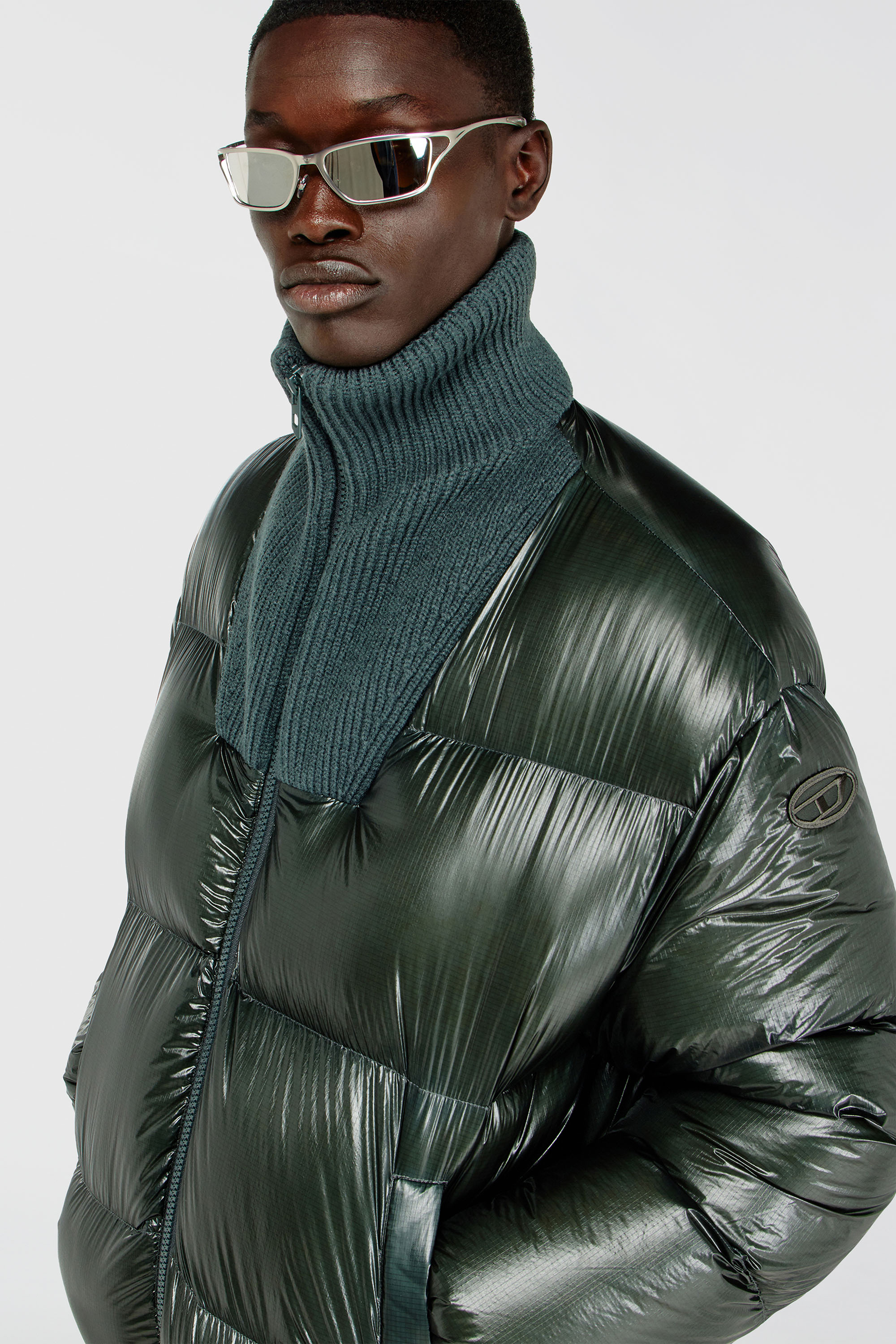 Diesel - W-RIBB, Man's Down puffer jacket in ripstop with ribbed collar in Dark Green - 5