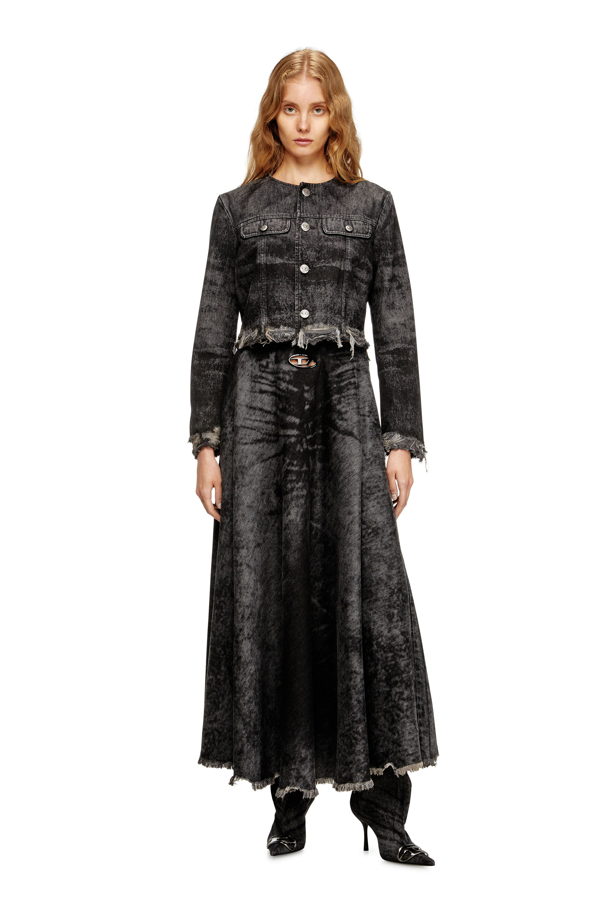 Diesel - DE-HANNIE-FSH, Woman's Full skirt in lasered cotton-hemp denim in Black - 1