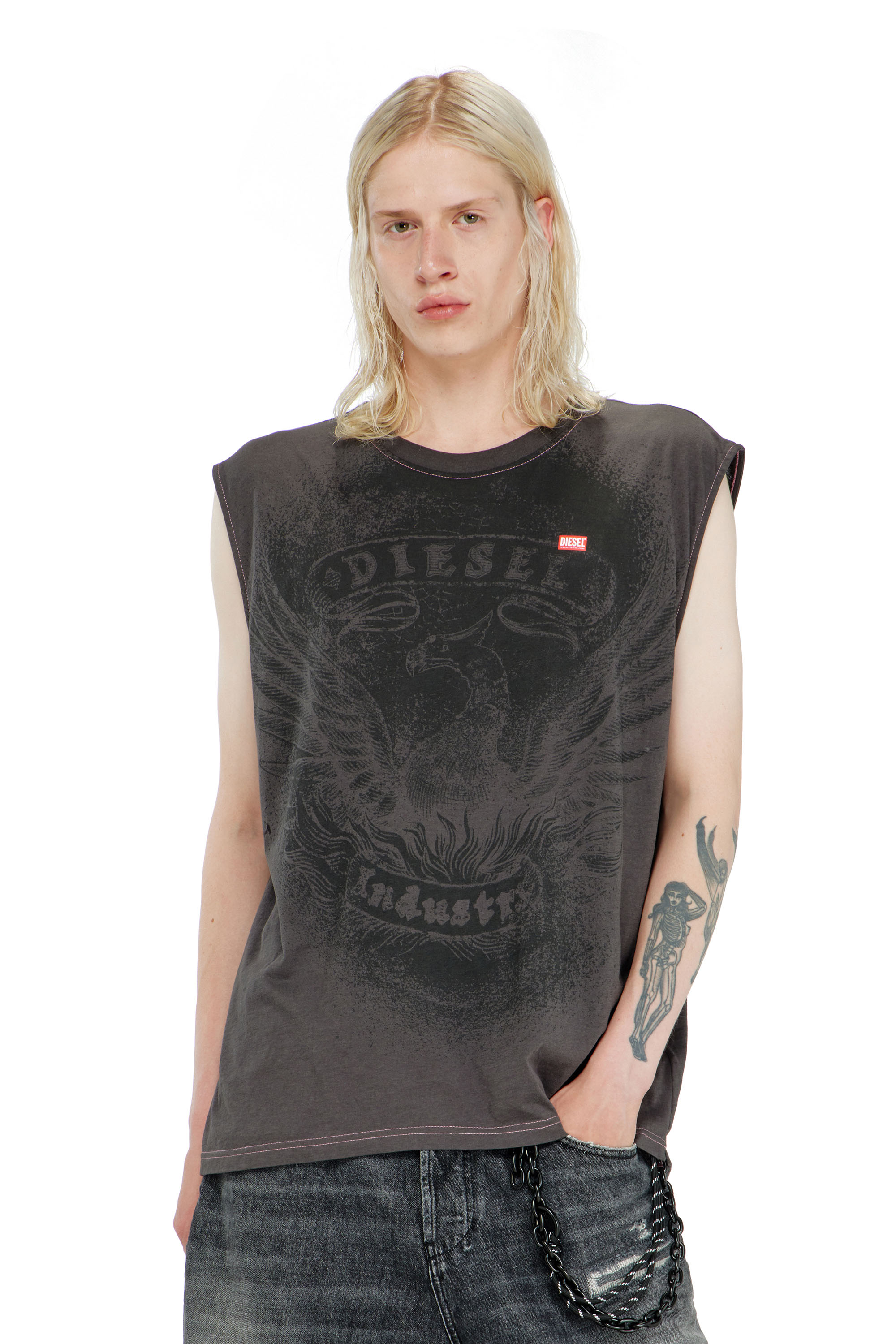 Diesel - T-BOXT-SL-NOTCH, Man's Sleeveless top in cotton with tonal graphic in Dark grey - 1