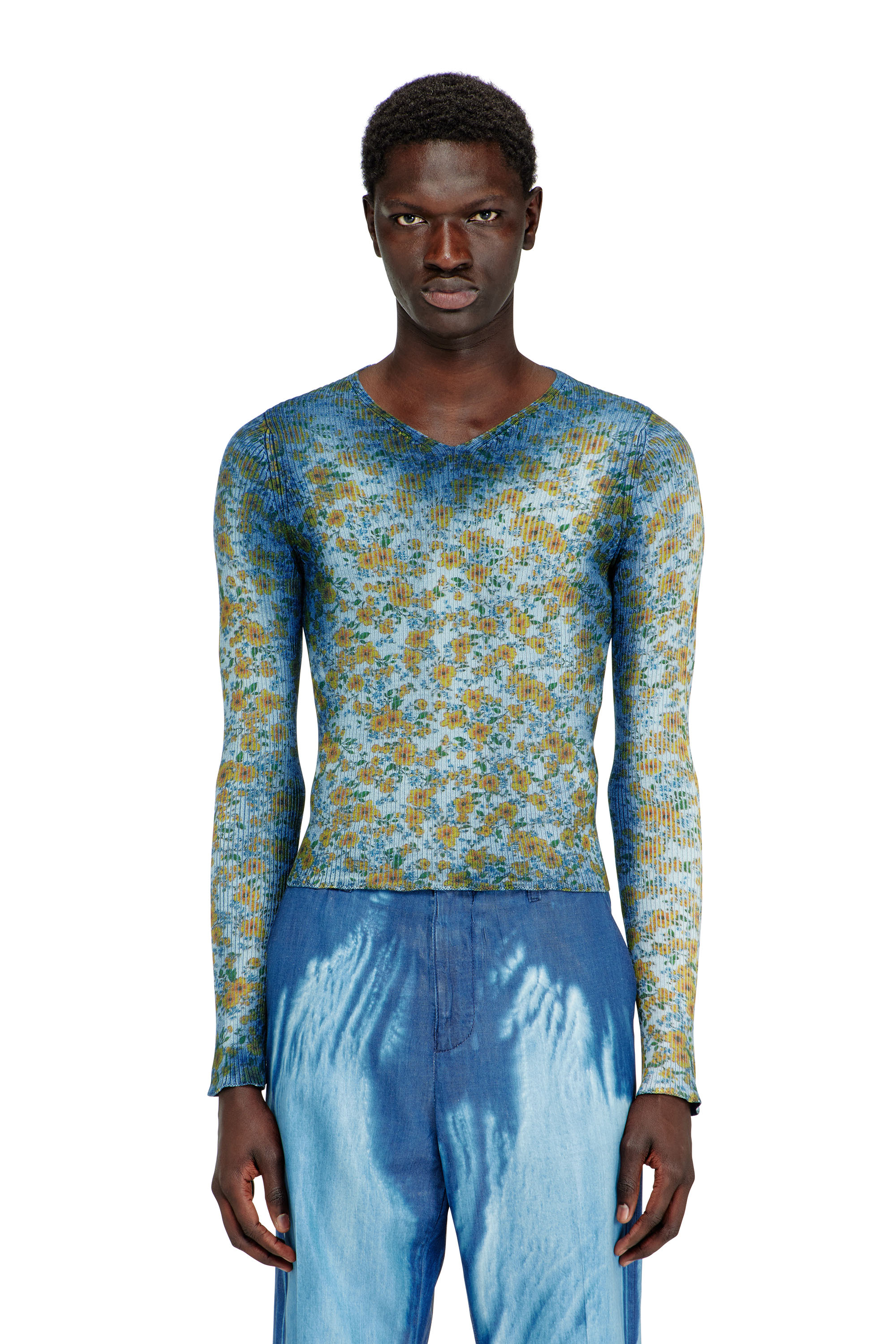 Diesel - M-EGE, Woman's Rib-knit top with floral X-ray effect in Blue - 2