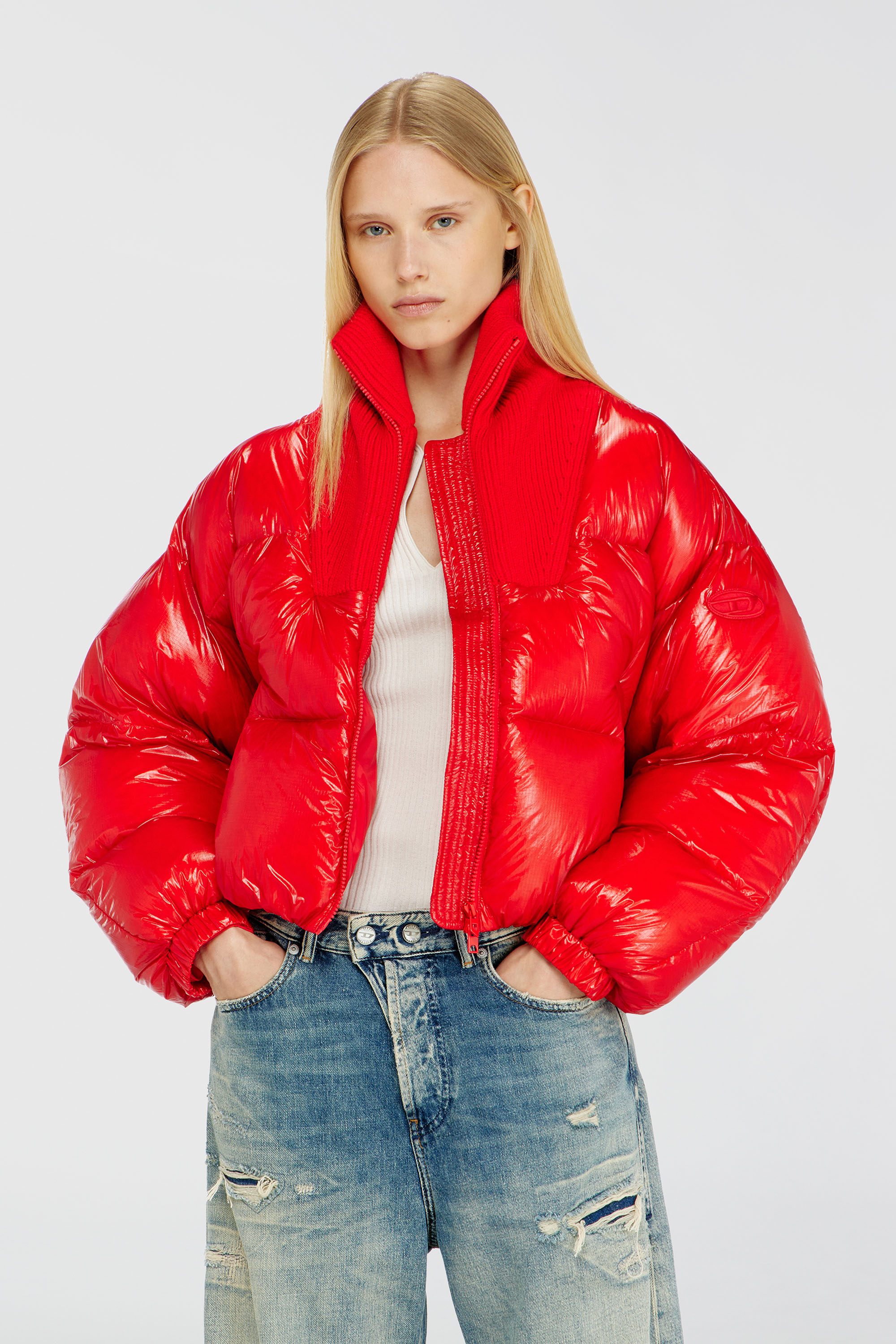 Diesel - W-ARRIOR, Woman's Down puffer jacket in ripstop with knitted collar in Red - 3